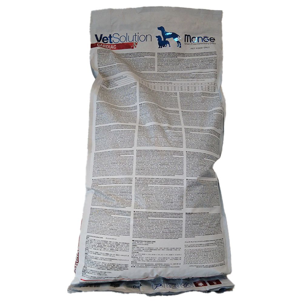 Retro del sacchetto di cibo per cani. Informazioni testuali, informazioni nutrizionali. Logo "VetSolution Cardiac", logo "Monge".