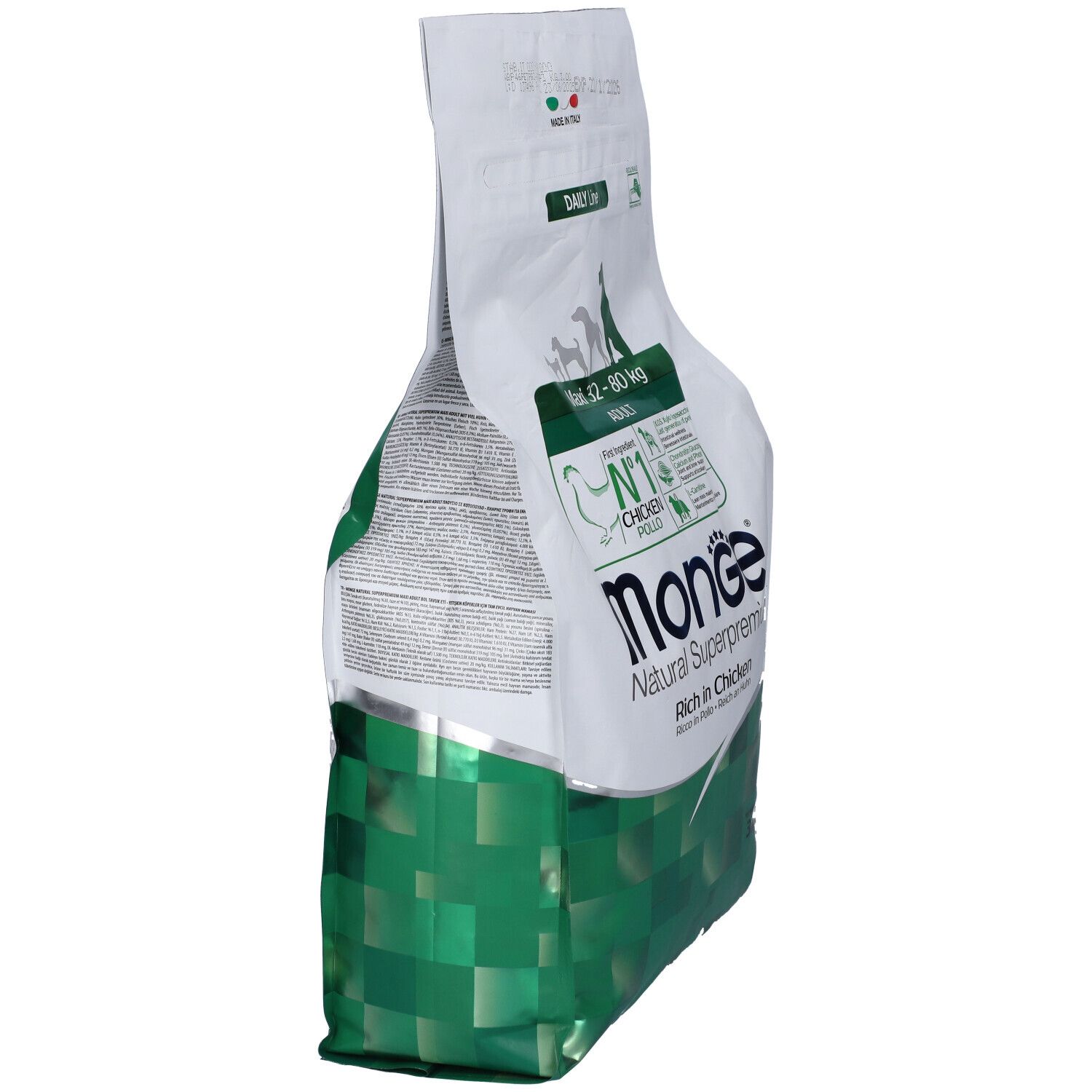 Vista laterale del sacchetto di cibo per cani Monge Natural Superpremium. Verde e bianco. Scritta: Monge, Natural Superpremium.