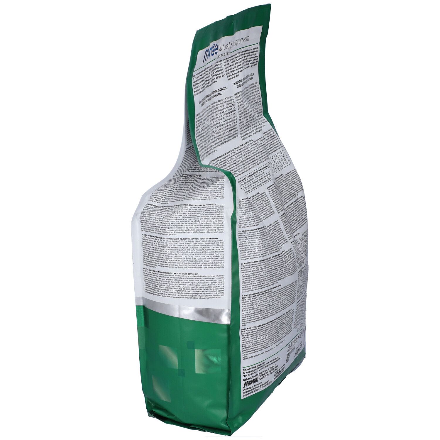 Vista laterale del sacchetto di cibo per cani Monge Natural Superpremium. Verde e bianco. Informazioni testuali.