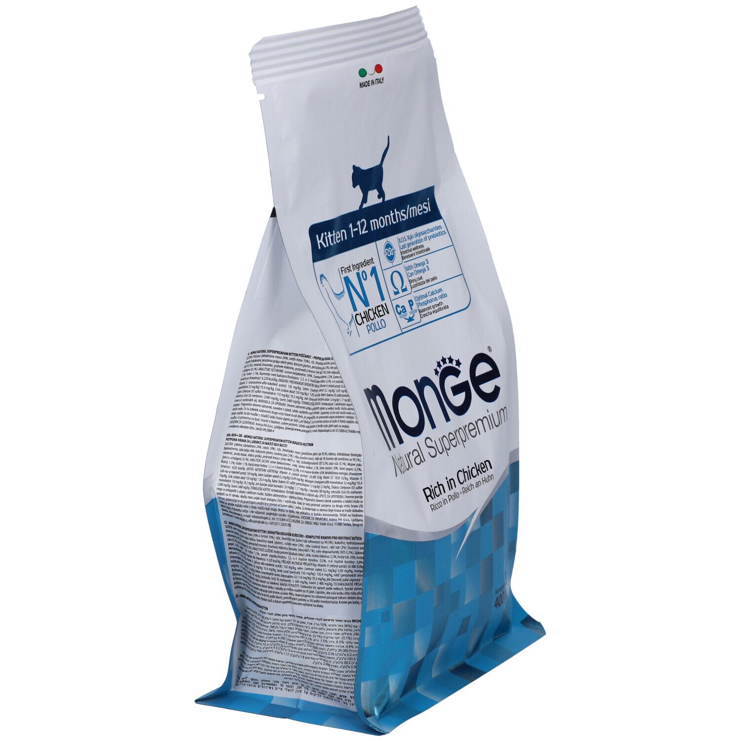 Busta di cibo per gatti Monge, in diagonale. Kitten 1-12 mesi. Con pollo. Marchio e informazioni visibili.