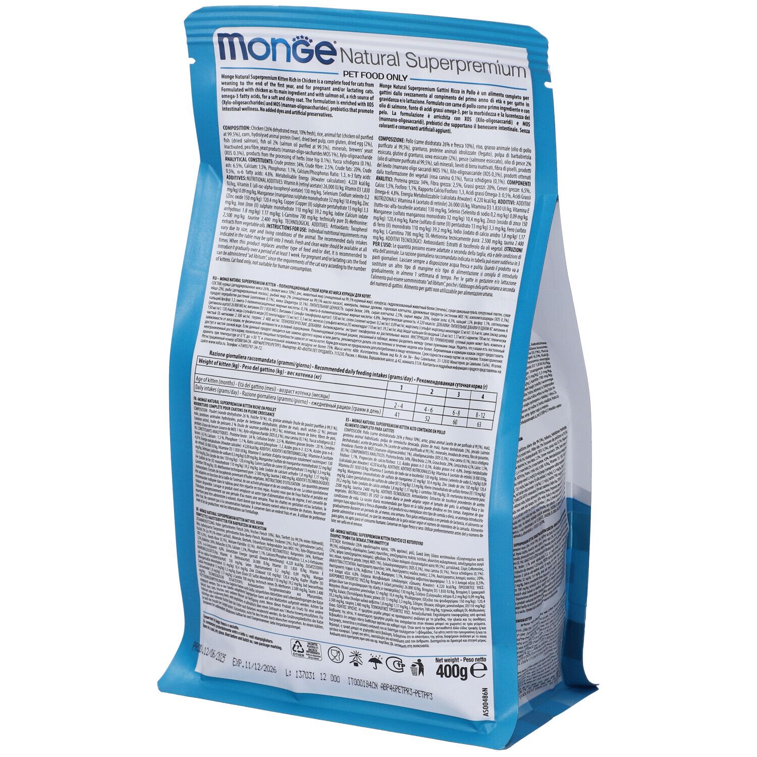 Retro della confezione di cibo per gatti Monge. Testo multilingue. Informazioni e valori nutrizionali.