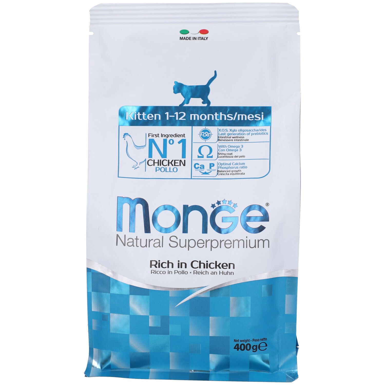 Monge Natural Superpremium per gatti, 400g. Kitten 1-12 mesi. Con pollo. Confezione con motivo blu.