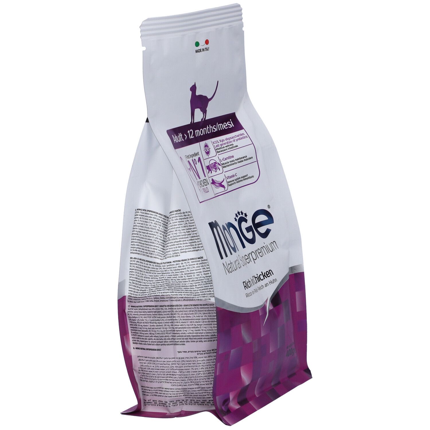 Sacchetto di cibo per gatti Monge Natural Superpremium, angolato. Pollo come ingrediente principale. Per adulti. Dettagli visibili.