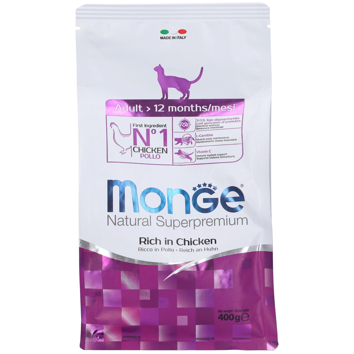 Sacchetto di cibo per gatti Monge Natural Superpremium. Pollo come ingrediente principale. Per adulti +12 mesi. 400g.