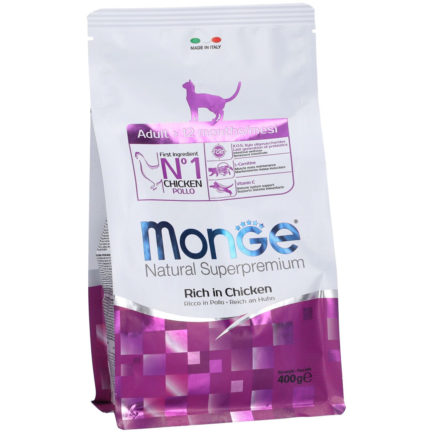 Sacchetto di cibo per gatti Monge Natural Superpremium. Pollo come ingrediente principale. Per adulti +12 mesi. 400g.