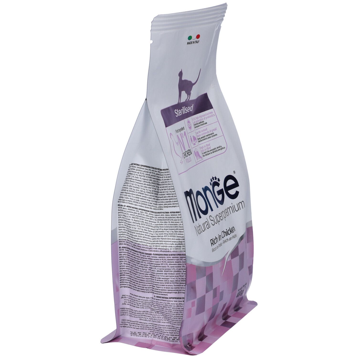 Confezione di cibo per gatti Monge, Natural Superpremium. Vista laterale. Pollo come ingrediente principale. Per gatti sterilizzati.