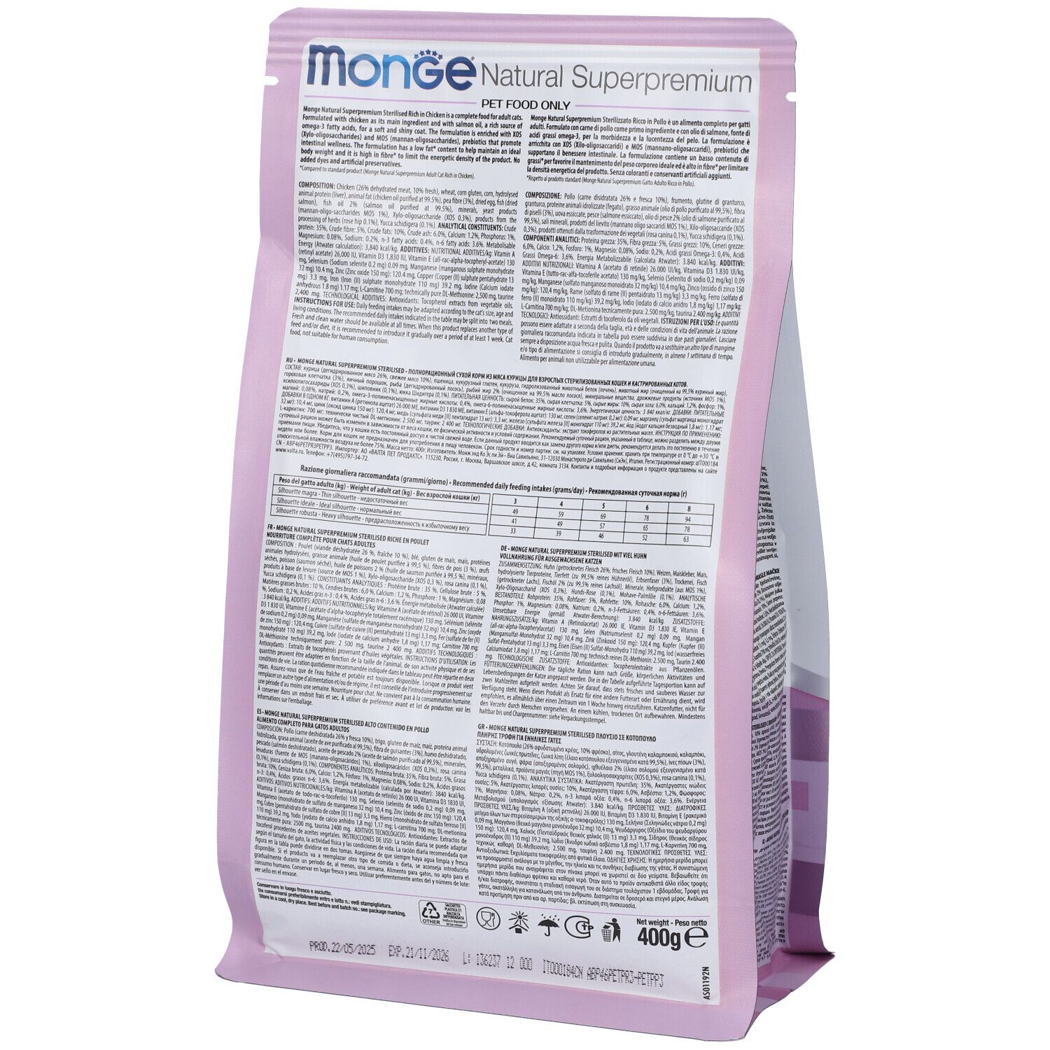 Retro della confezione di cibo per gatti Monge, Natural Superpremium. Informazioni nutrizionali. 400g.