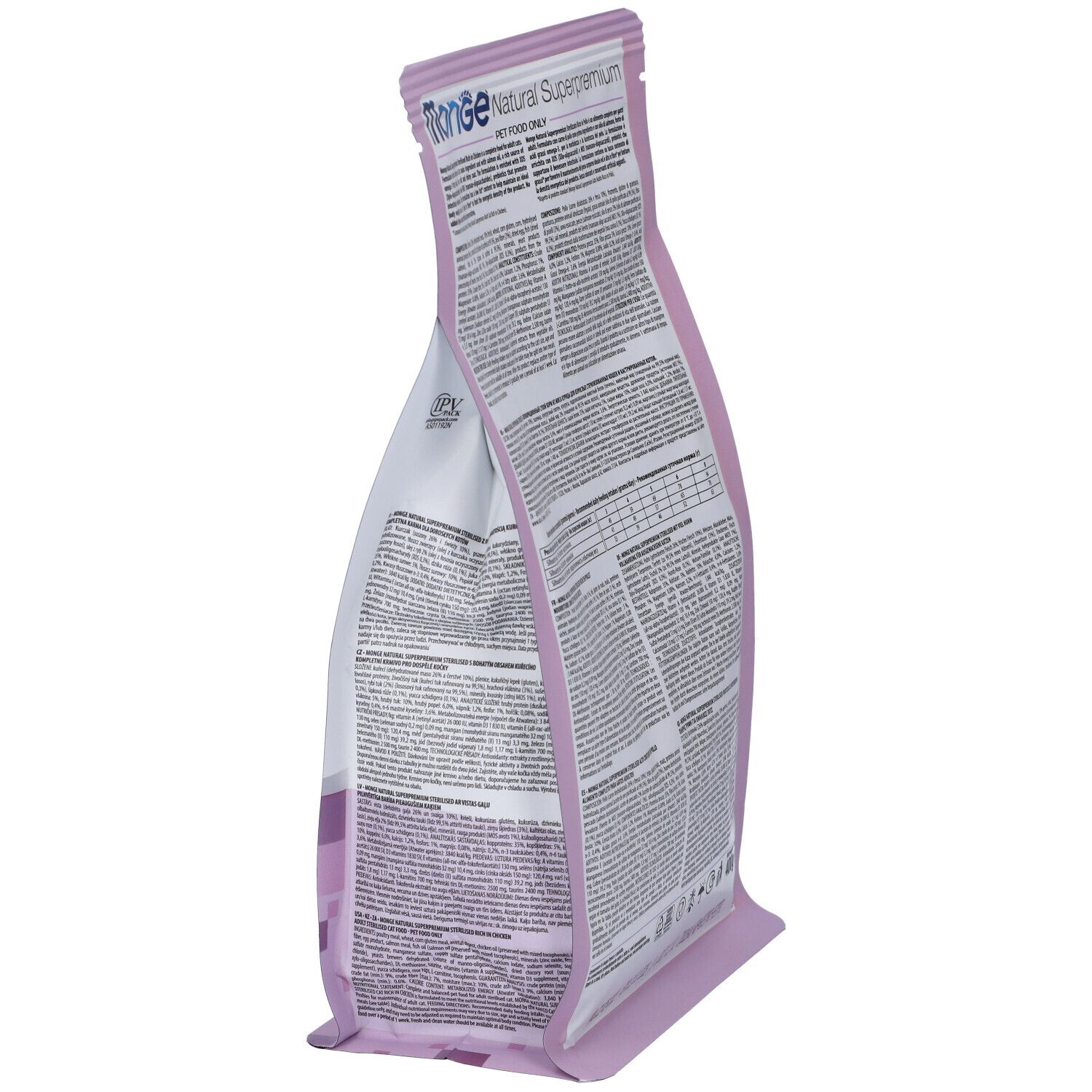 Vista laterale della confezione di cibo per gatti Monge, Natural Superpremium. Informazioni nutrizionali. 400g.