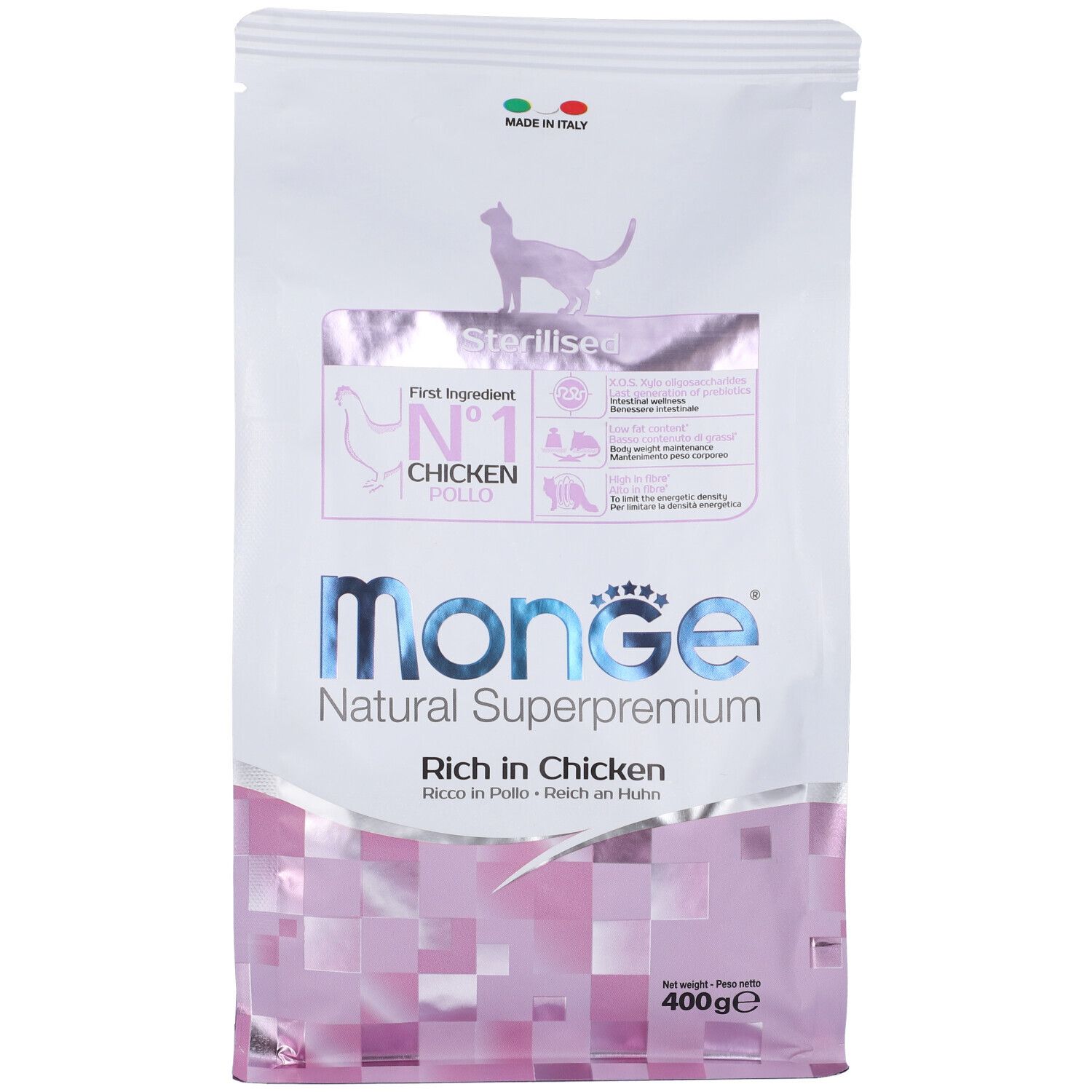 Confezione di cibo per gatti Monge, Natural Superpremium. Pollo come ingrediente principale. 400g. Per gatti sterilizzati.