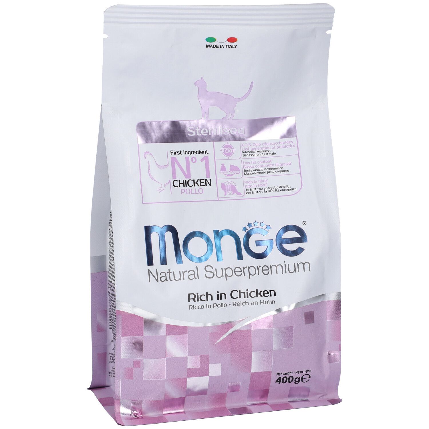 Confezione di cibo per gatti Monge, Natural Superpremium. Pollo come ingrediente principale. 400g. Per gatti sterilizzati.