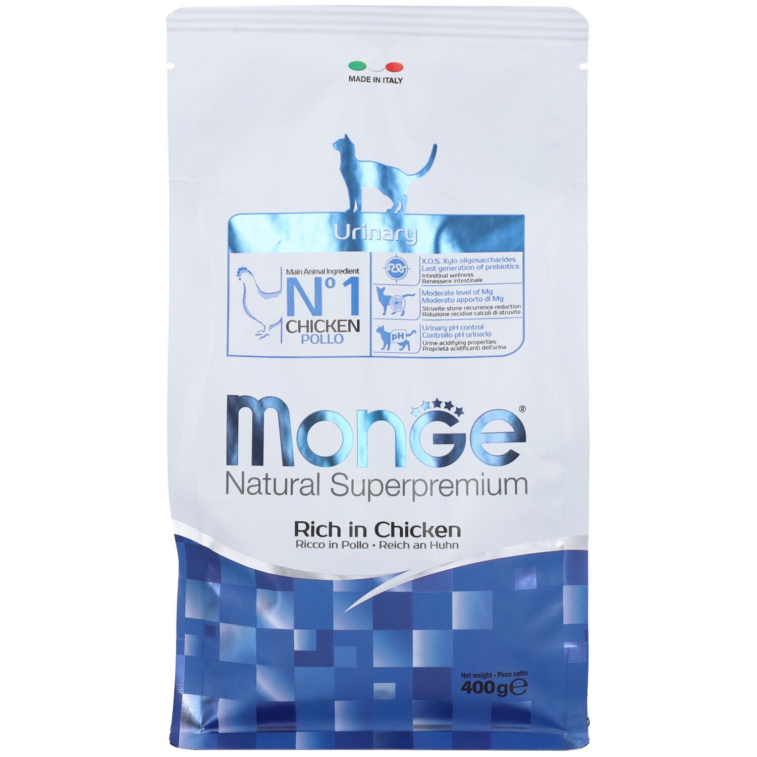 Sacchetto di cibo per gatti Monge Urinary. Confezione bianca e blu con nome e logo del prodotto. Contiene pollo. 400g.