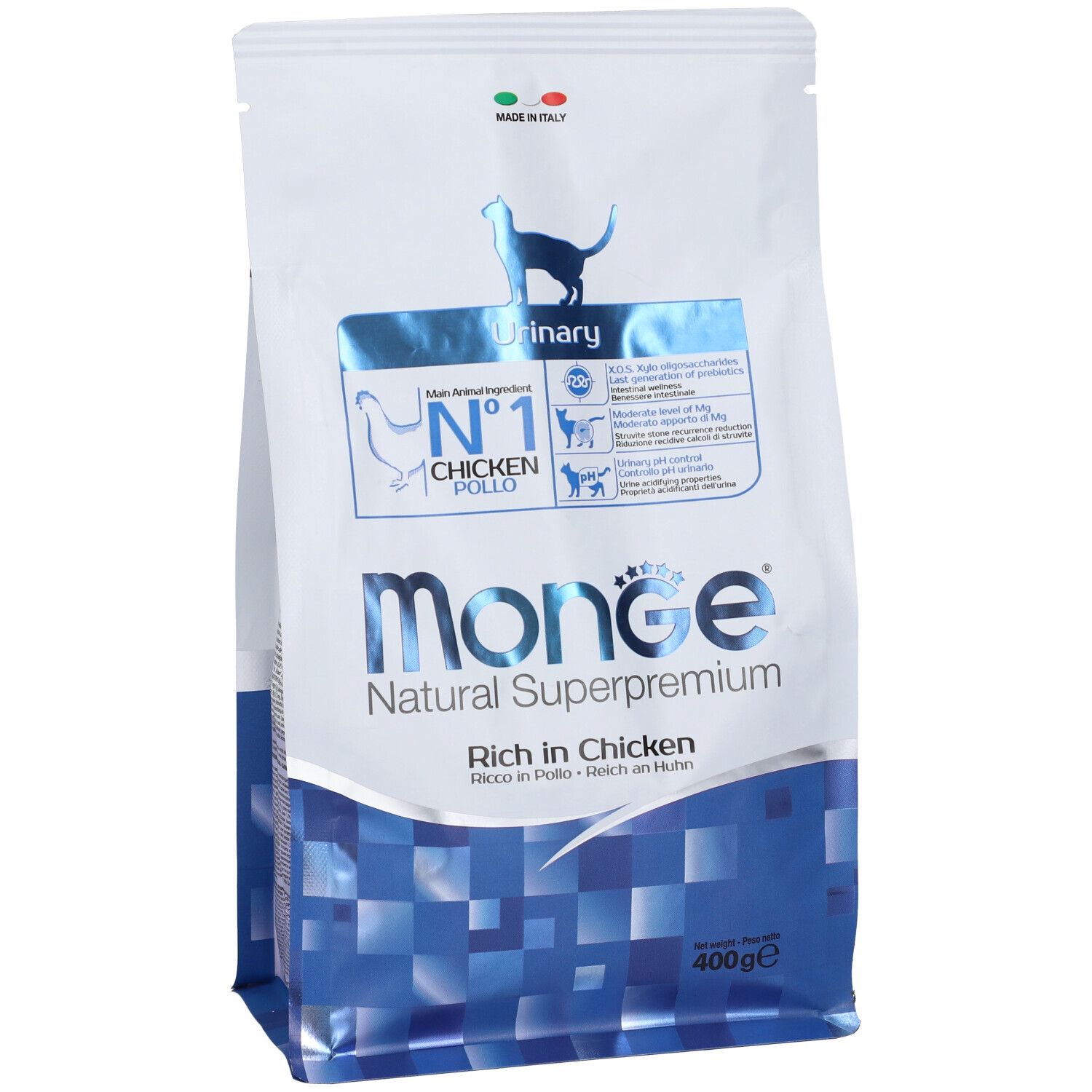 Sacchetto di cibo per gatti Monge Urinary. Confezione bianca e blu con nome e logo del prodotto. Contiene pollo. 400g.
