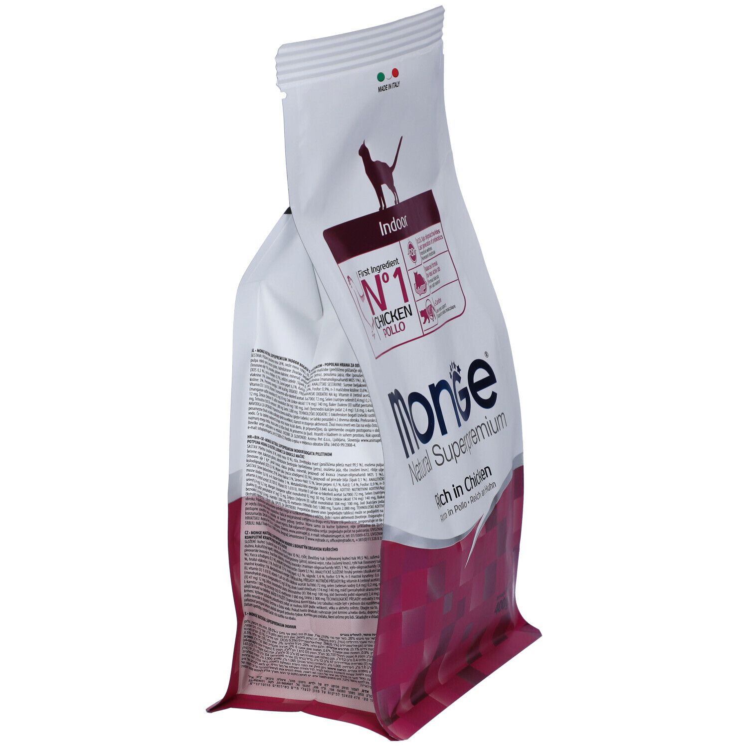 Sacchetto di cibo per gatti Monge Natural Superpremium, obliquo. Contiene pollo. Confezione rosa e bianca. Testo e logo visibili.