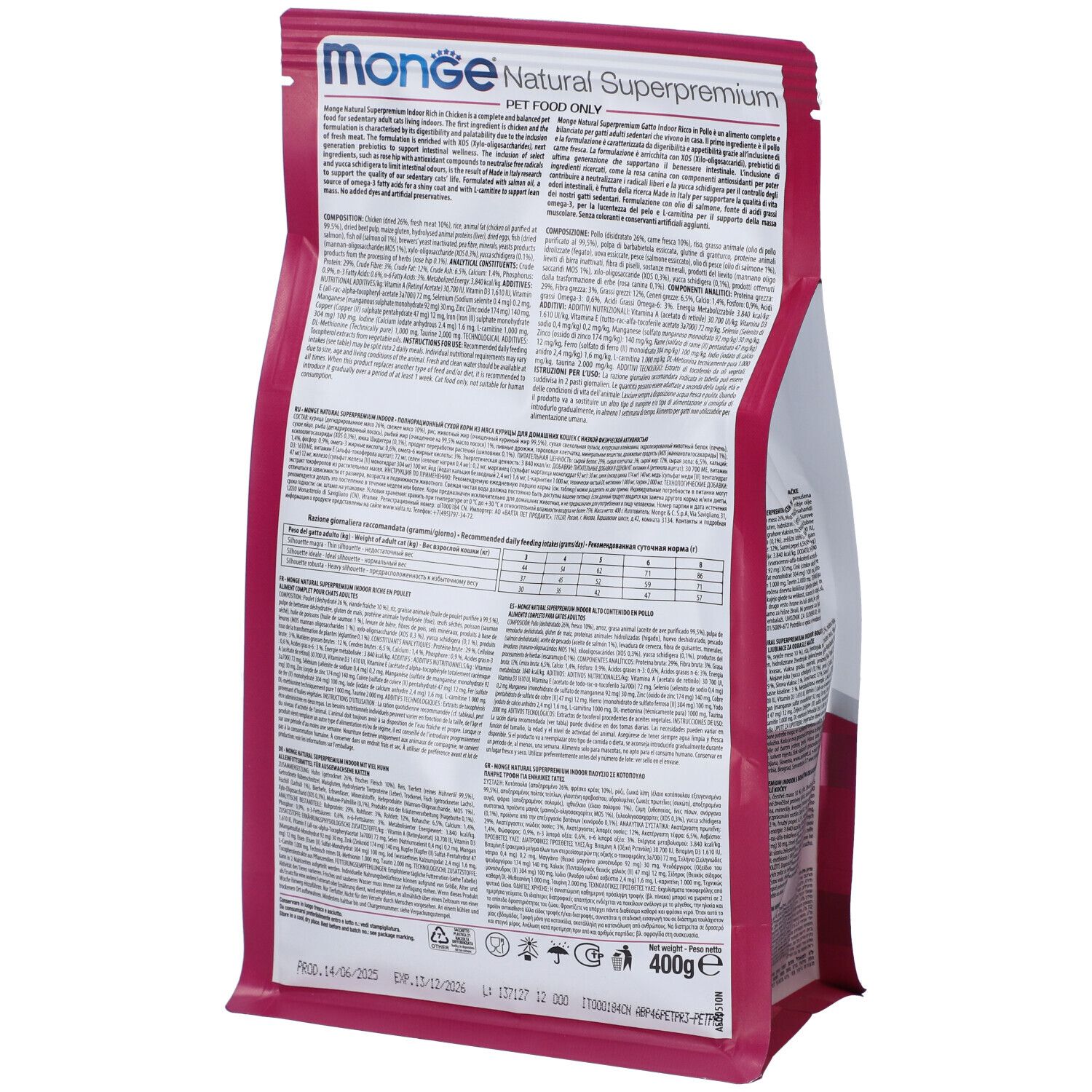 Retro del sacchetto di cibo per gatti Monge Natural Superpremium. Testo e informazioni nutrizionali. Confezione rosa e bianca. 400g.