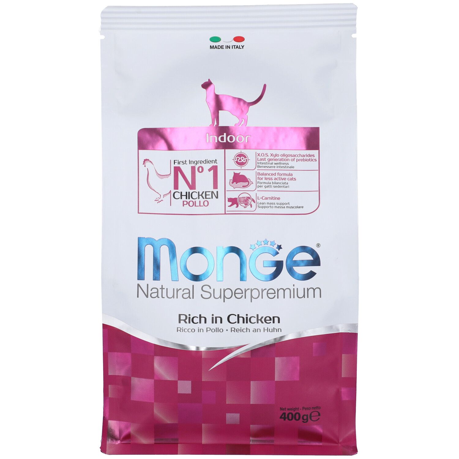 Sacchetto di cibo per gatti Monge Natural Superpremium, fronte. Contiene pollo. Confezione rosa e bianca. 400g. Logo e testo.