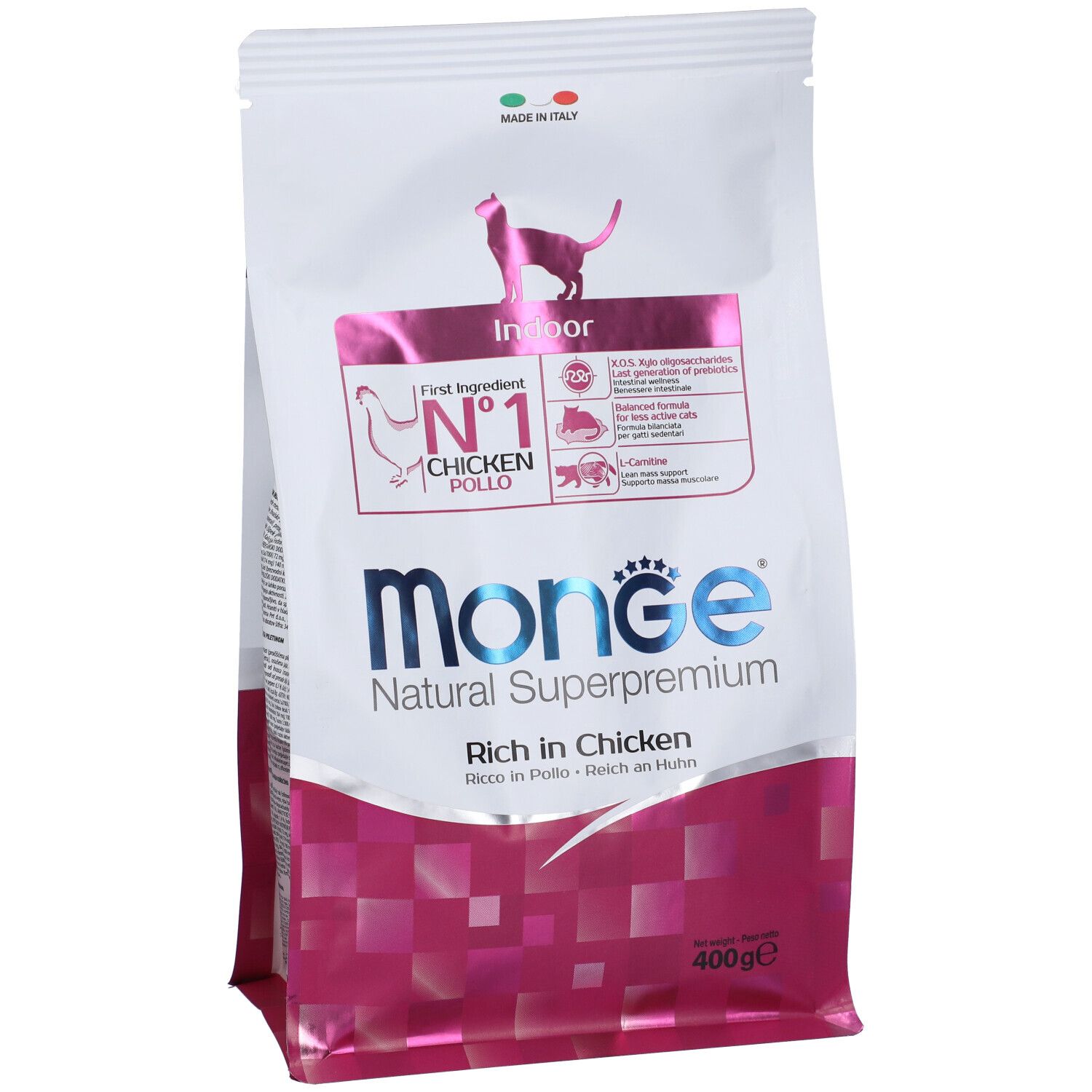 Sacchetto di cibo per gatti Monge Natural Superpremium, leggermente obliquo. Contiene pollo. Confezione rosa e bianca. 400g. Logo e testo.