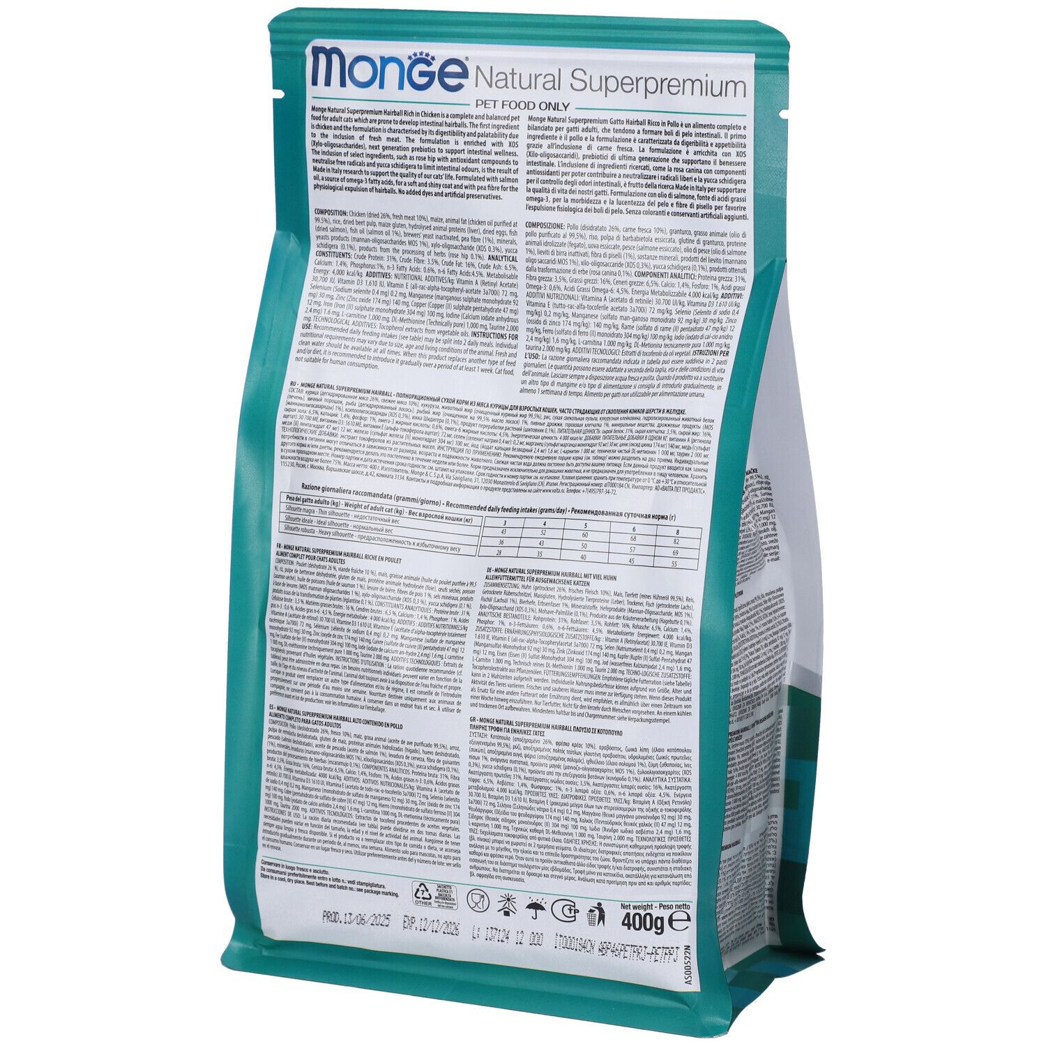 Retro del sacchetto di cibo per gatti. Informazioni testuali e nutrizionali. Scritto: Monge Natural Superpremium.