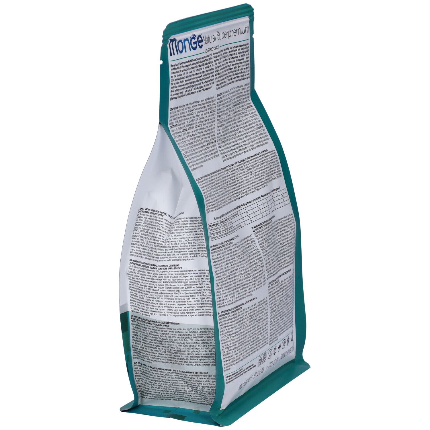 Sacchetto di cibo per gatti, vista laterale. Informazioni testuali. Scritto: Monge Natural Superpremium.