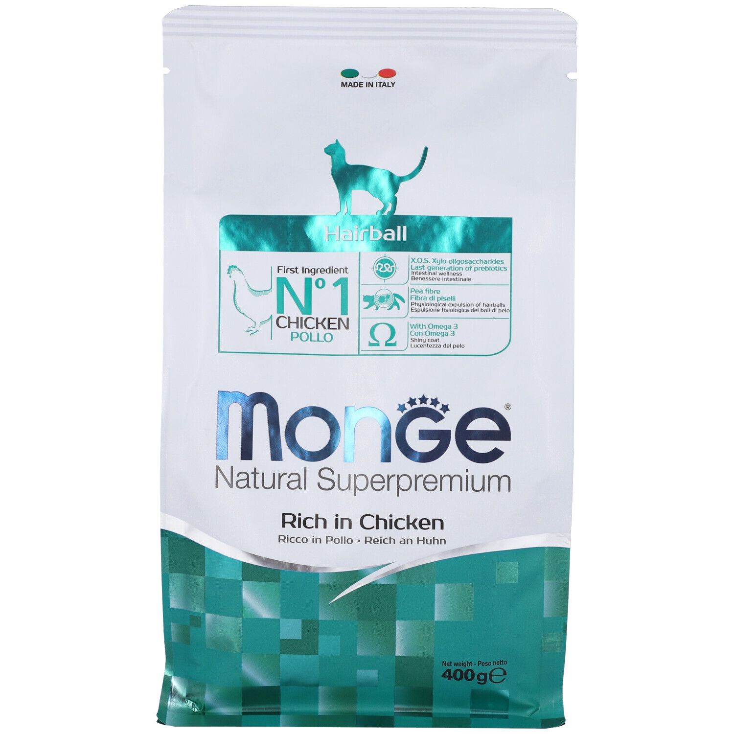 Sacchetto di cibo per gatti. Scritto: Monge Natural Superpremium, Hairball, Rich in Chicken. 400g.