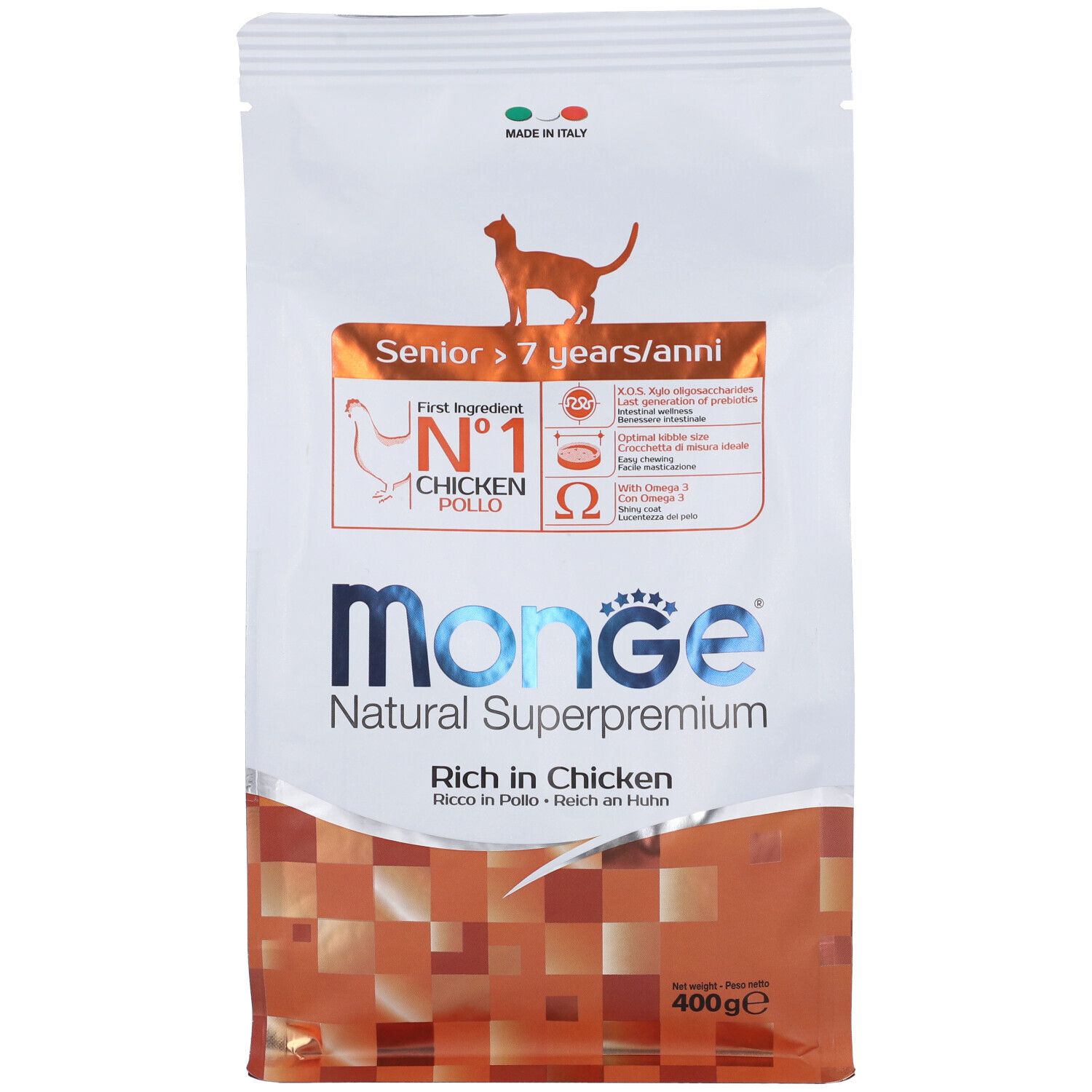 Confezione di cibo per gatti Monge Natural Superpremium. Scritto: Senior, pollo. Confezione arancione e bianca.