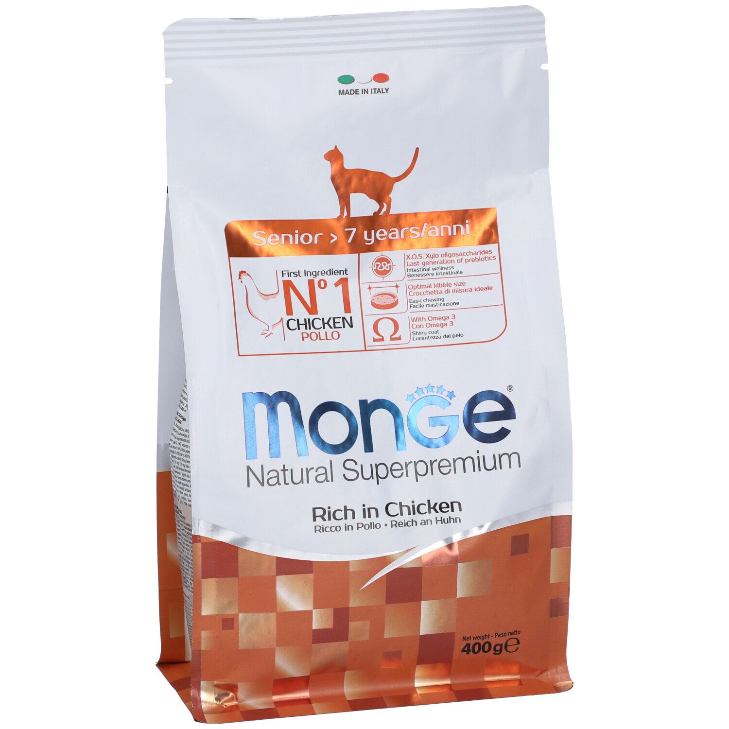 Confezione di cibo per gatti Monge Natural Superpremium. Scritto: Senior, pollo. Confezione arancione e bianca.