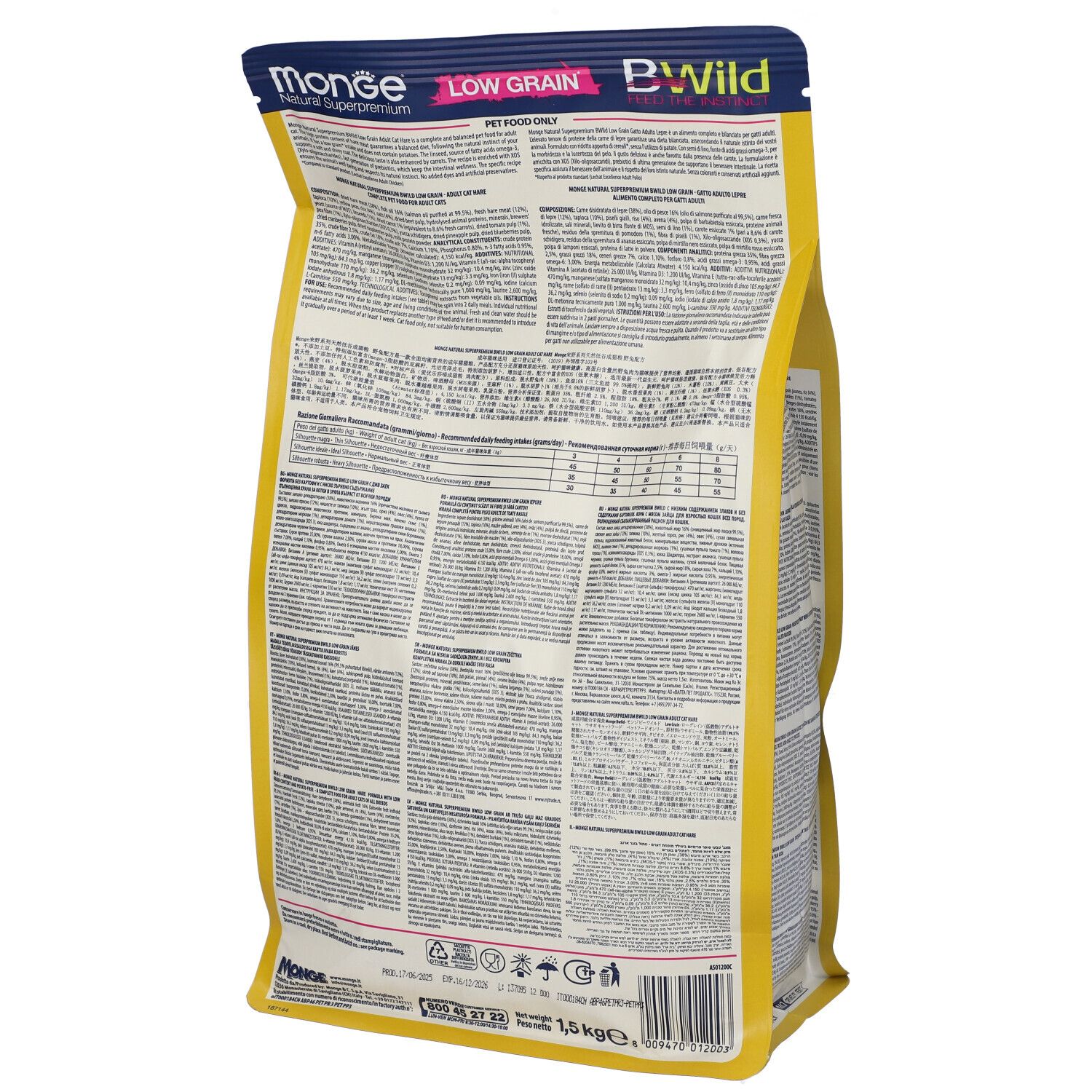 Retro del sacchetto di cibo per gatti Monge Bwild Low Grain Adult. Testo con informazioni e valori nutrizionali.