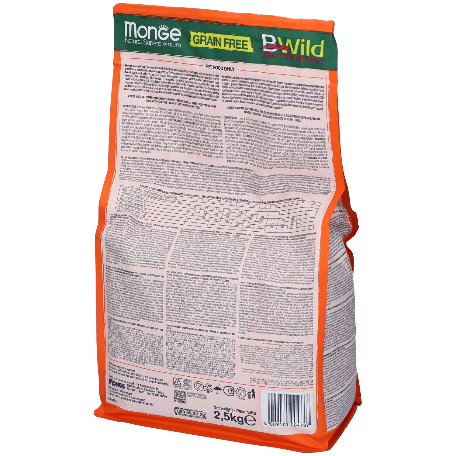 Retro del sacchetto di cibo per cani. Informazioni testuali e nutrizionali. Scritta: Monge Bwild Grain Free. 2,5 kg.