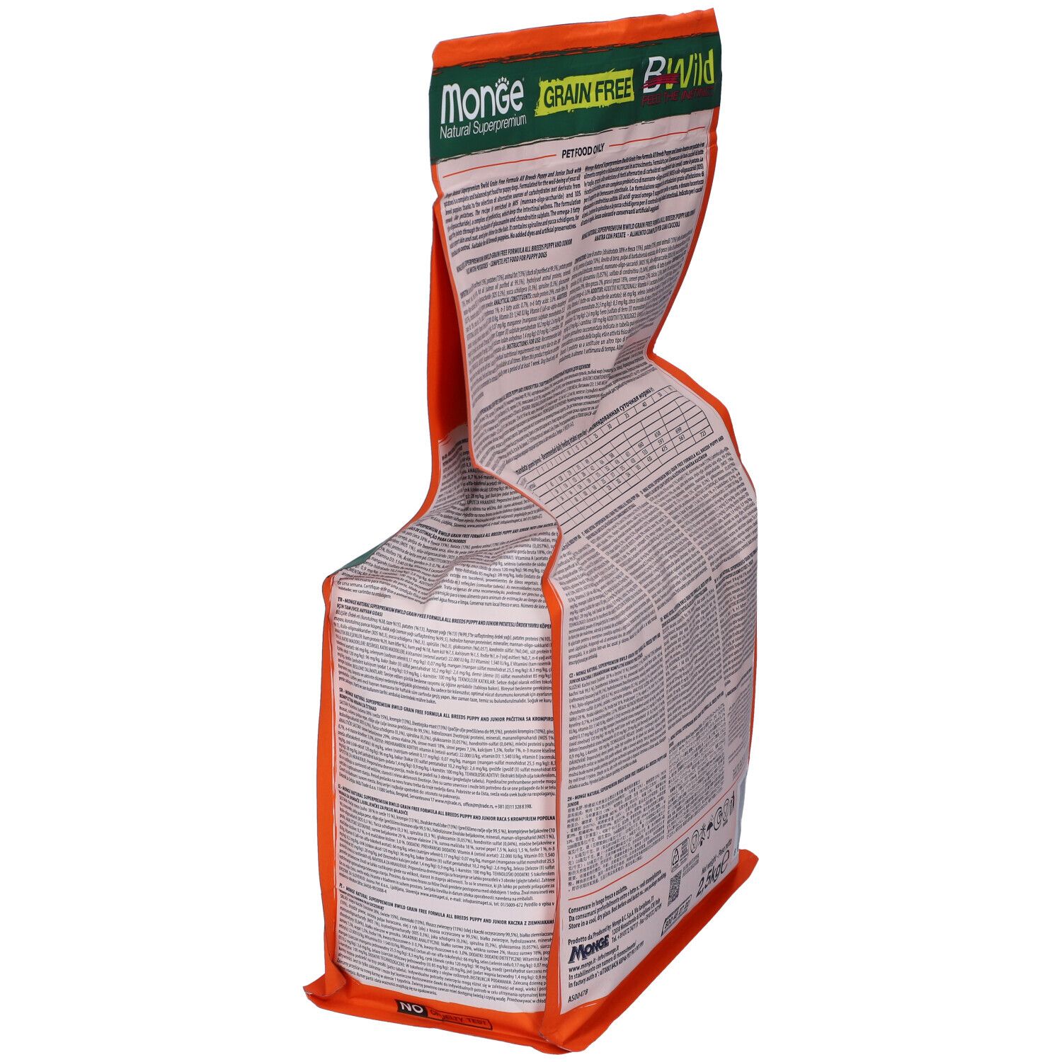 Sacchetto di cibo per cani, vista laterale con testo. Scritta: Monge Bwild Grain Free. 2,5 kg. Informazioni testuali e nutrizionali.