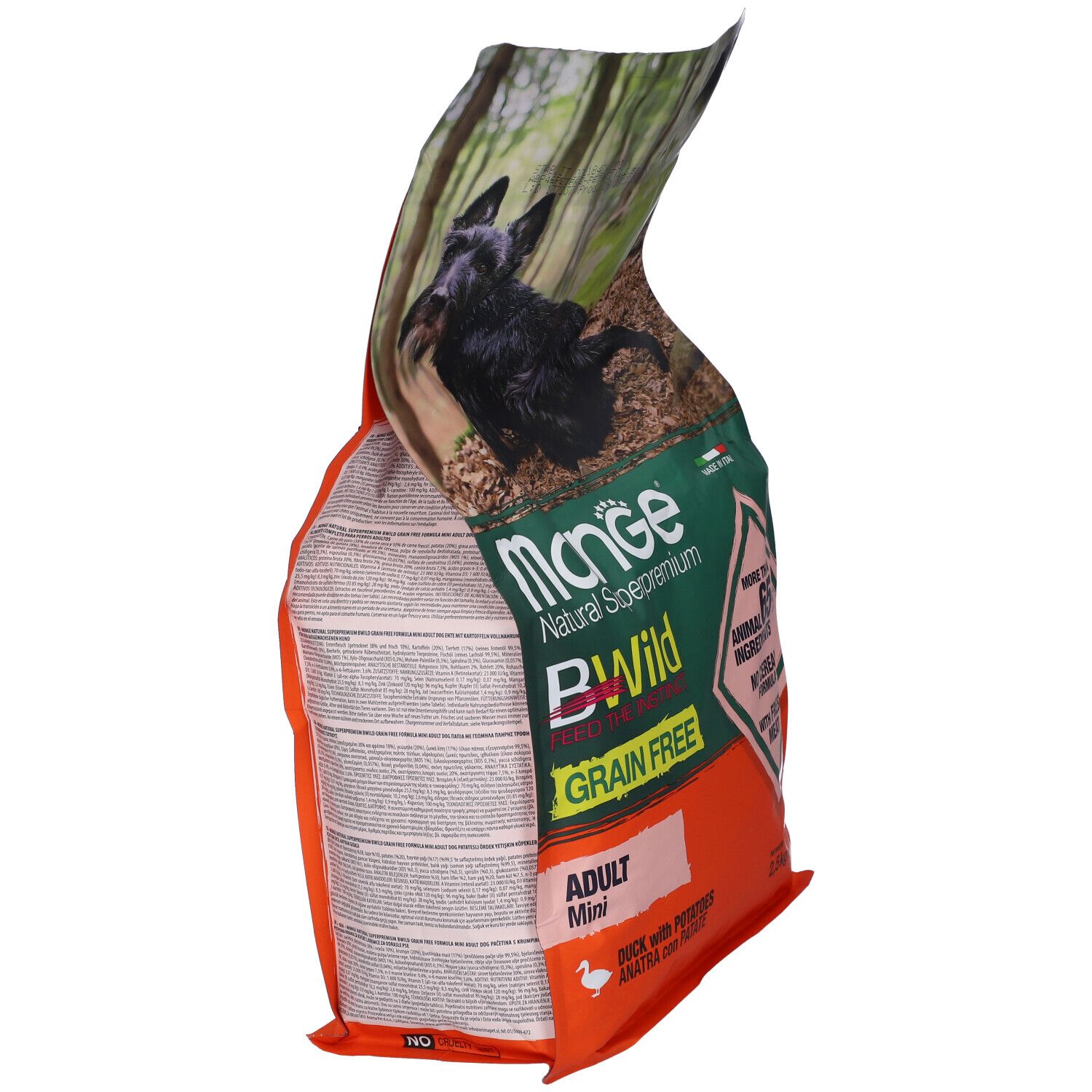 Sacchetto Monge Bwild 2,5 kg. Vista laterale della confezione con testo. Oltre il 65% di ingredienti animali, senza cereali.
