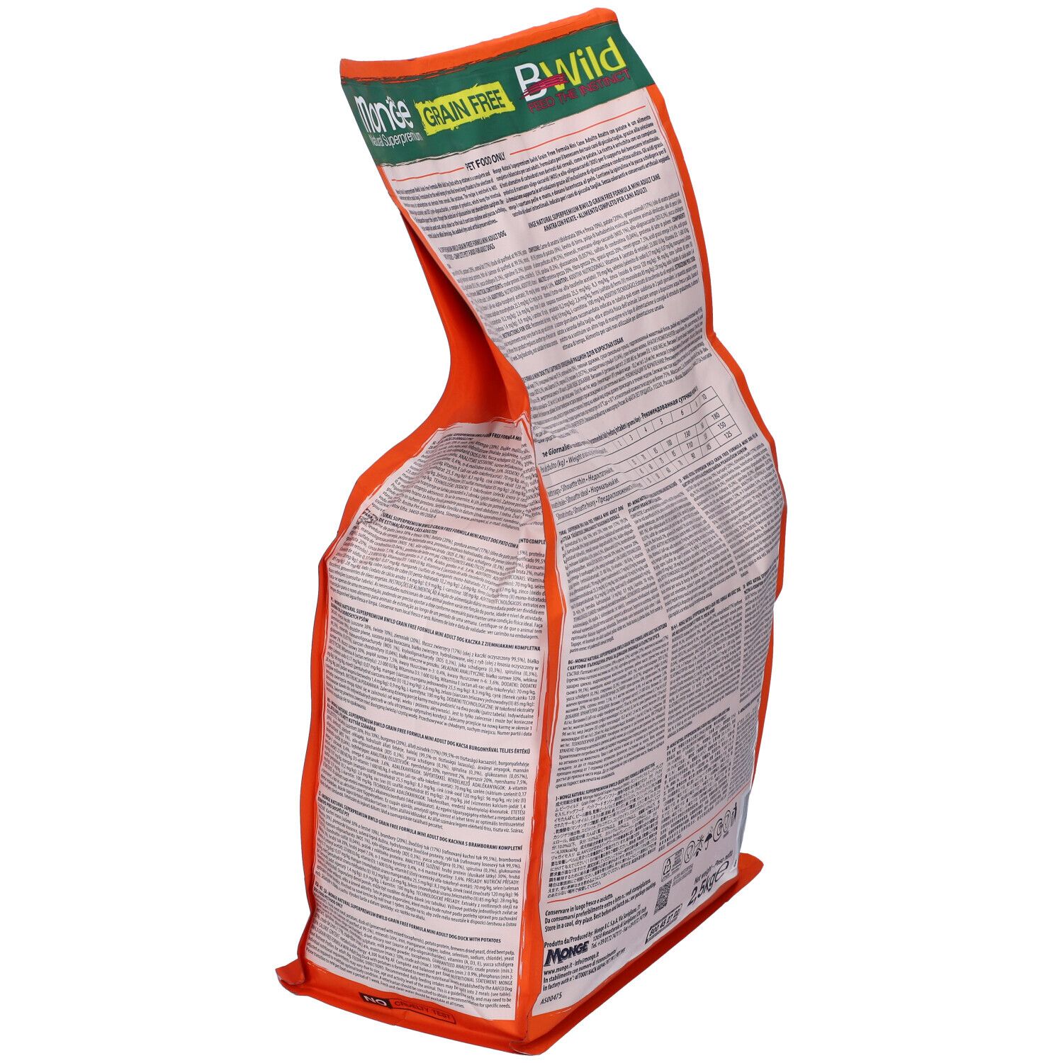 Vista laterale del sacchetto di cibo per cani Monge Bwild. Testo con raccomandazioni. 2,5 kg.