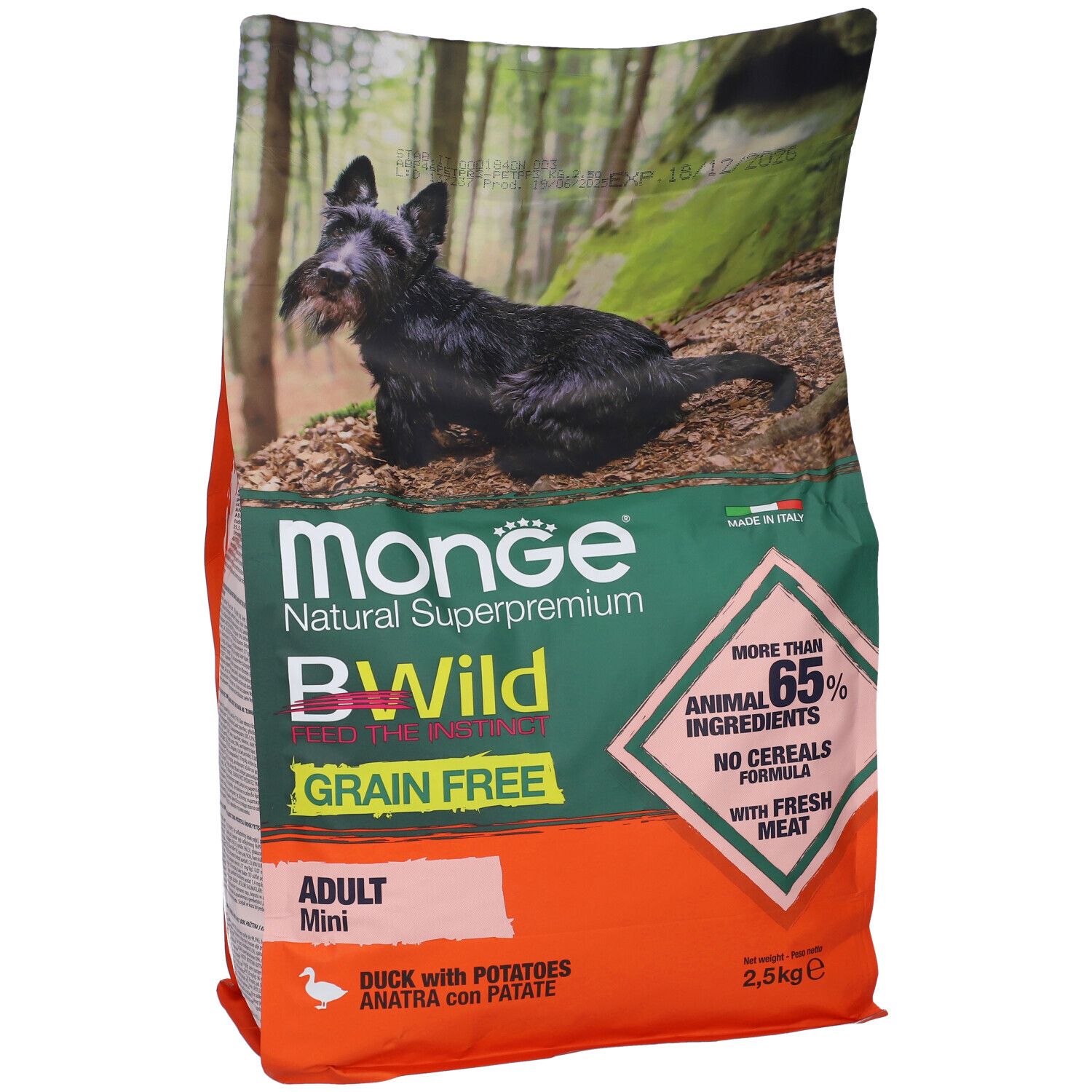 Sacchetto di cibo per cani Monge Bwild 2,5 kg. Confezione verde-arancio con cane. Oltre il 65% di ingredienti animali, senza cereali.