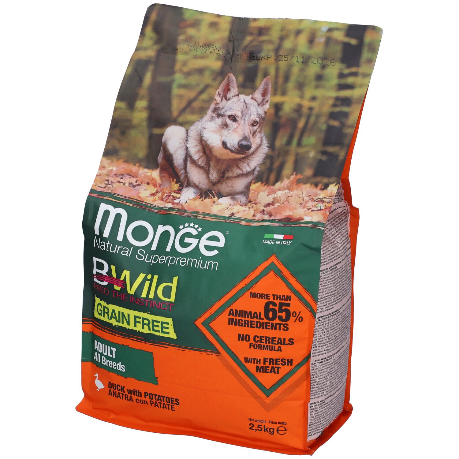 Monge Bwild Grain Free Dog Adult All Breeds con Anatra e Patate 2,5 Kg
