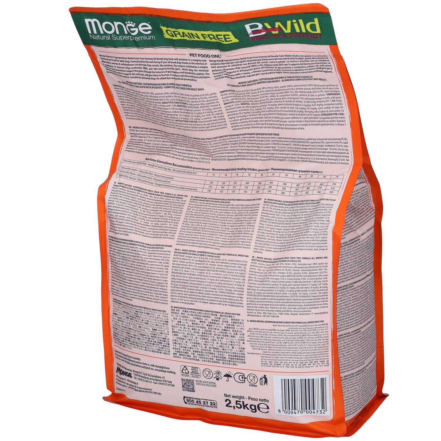 Retro del sacchetto di cibo per cani Monge Bwild. Testo e informazioni. Verde, arancione, bianco.