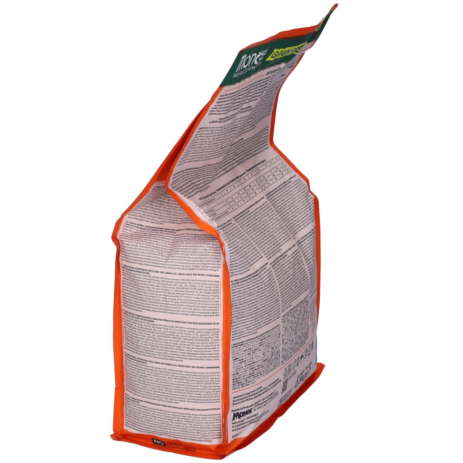 Sacchetto di cibo per cani Monge Bwild, in diagonale. Testo e informazioni. Verde, arancione, bianco.