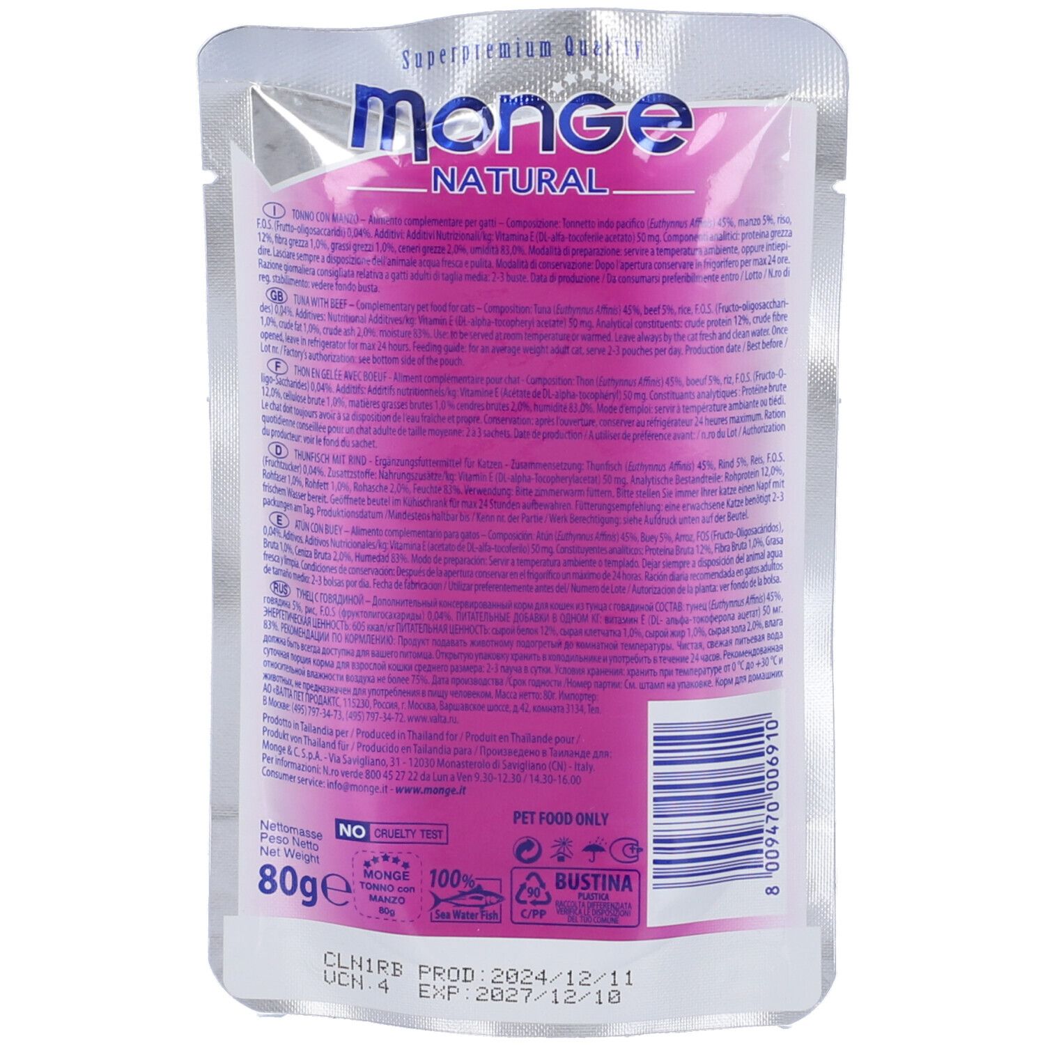 Retro della busta di cibo per gatti Monge Natural. Sfondo rosa con testo. Contiene informazioni sugli ingredienti e la durata.