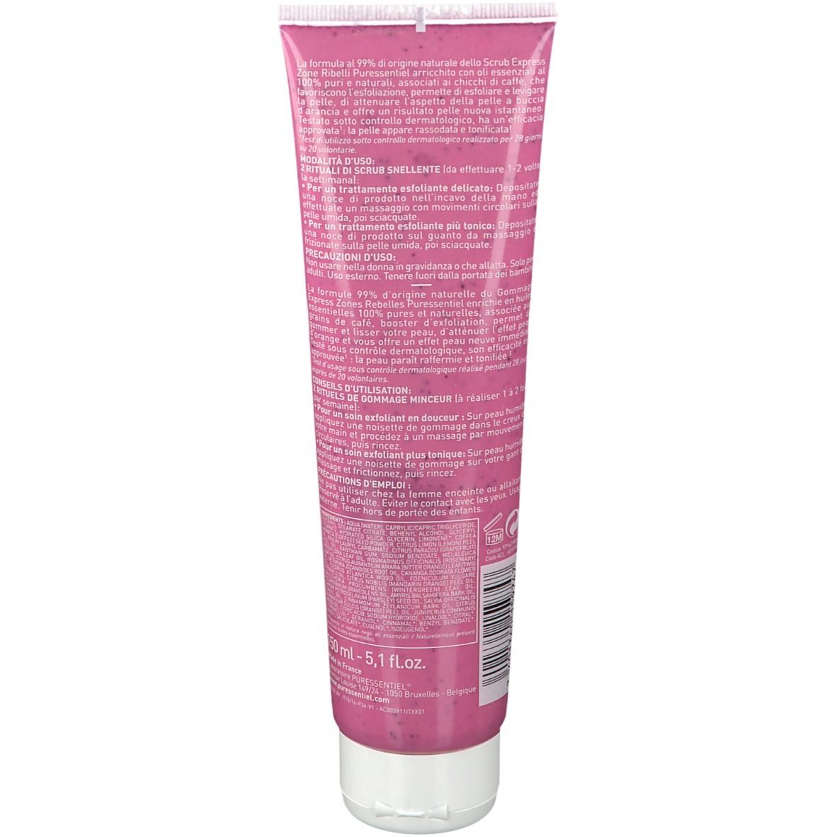 Retro di un tubo rosa con testo. Contiene informazioni sul prodotto e sui suoi ingredienti. Tappo a vite bianco.