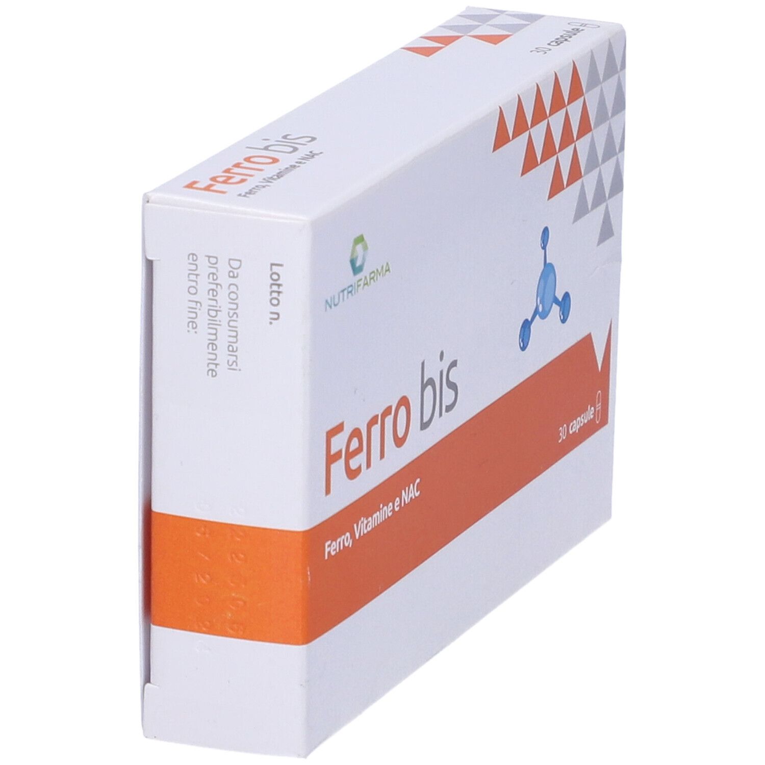 Scatola bianca con scritta "Ferro bis". Contiene 30 capsule. Logo Nutrifarma. Scritta: Ferro, Vitamine e NAC.