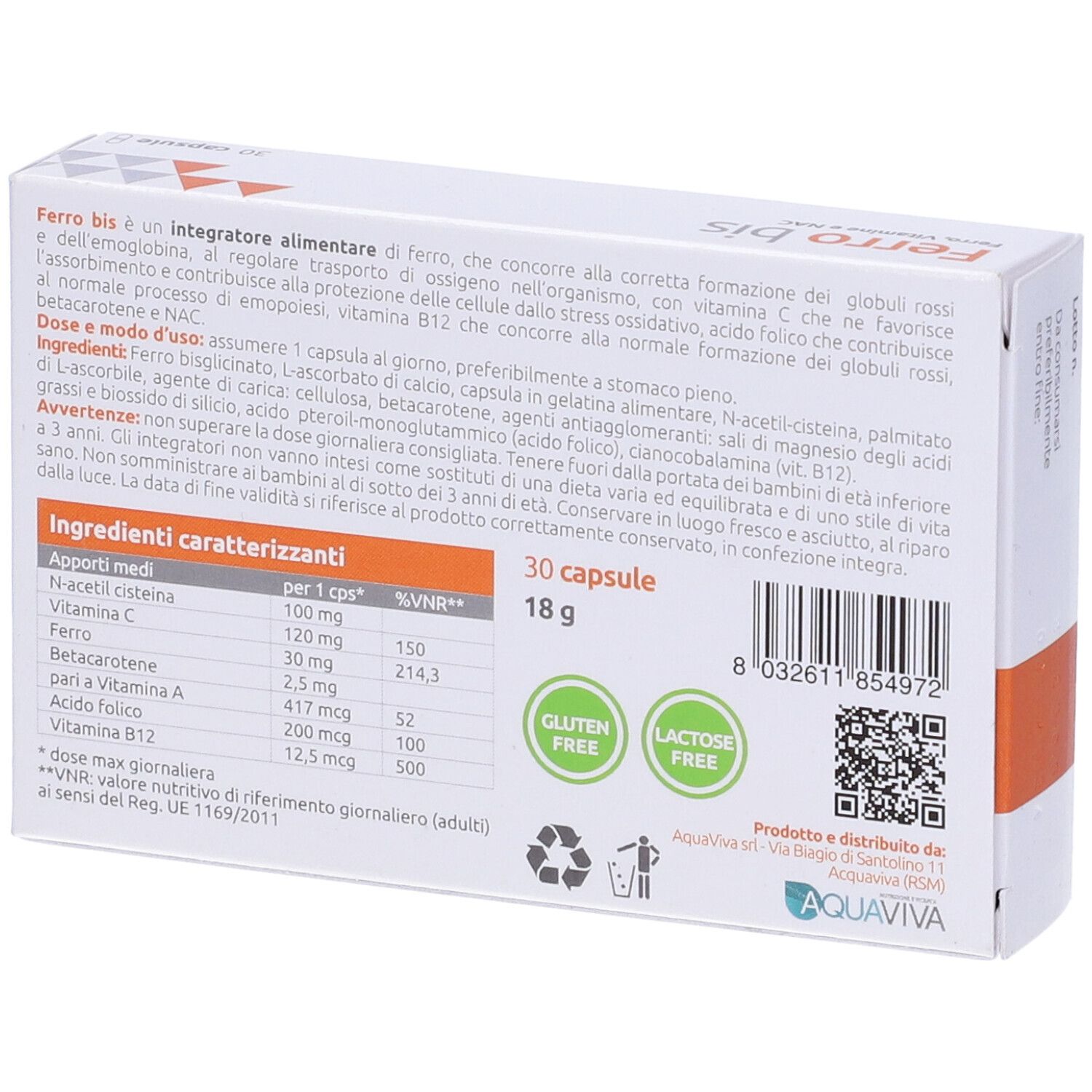 Retro di una scatola bianca con scritta "Ferro bis". Contiene 30 capsule. Scritta: Ferro, Vitamine e NAC. Senza glutine e lattosio.
