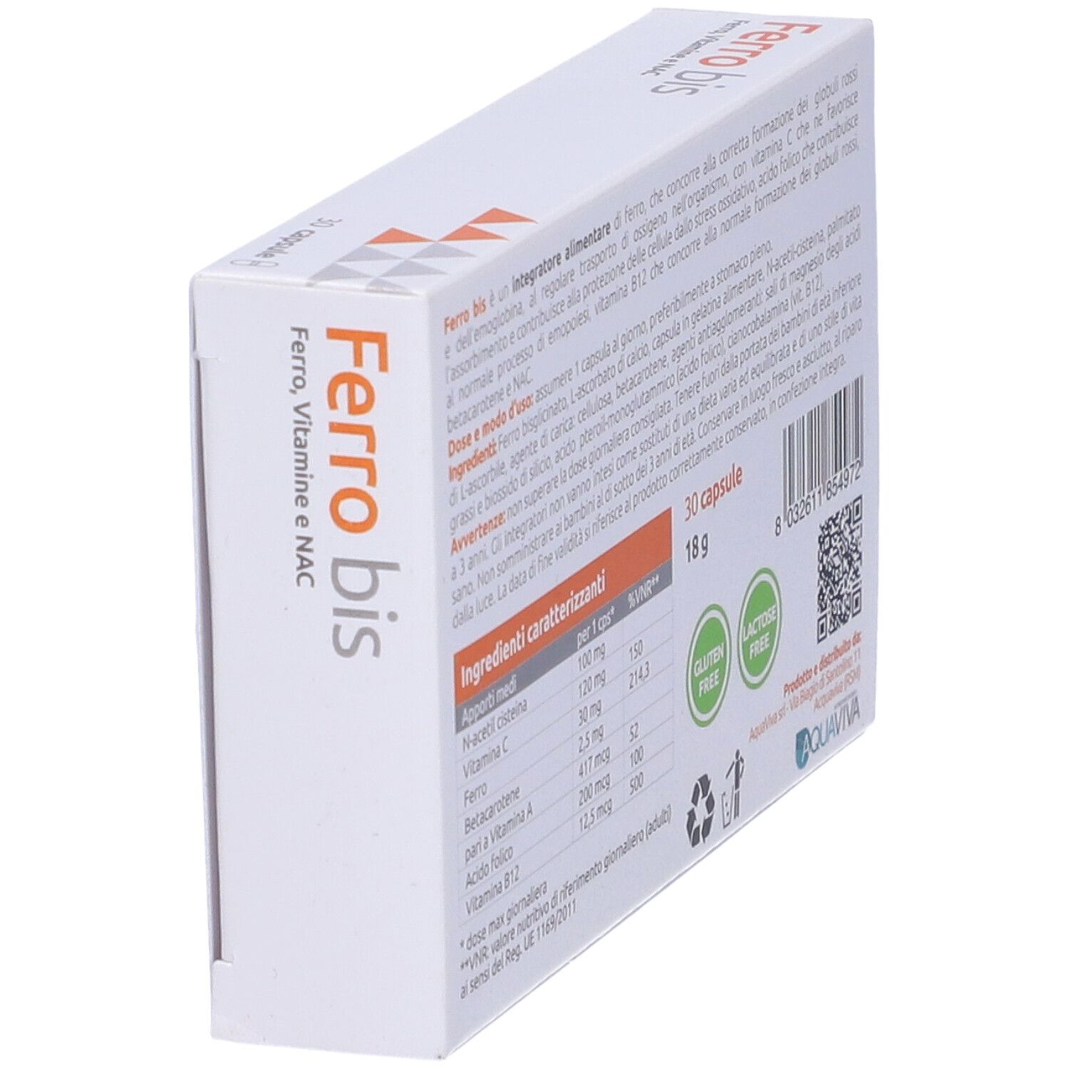 Retro di una scatola bianca con scritta "Ferro bis". Contiene 30 capsule. Scritta: Ferro, Vitamine e NAC. Senza glutine e lattosio.