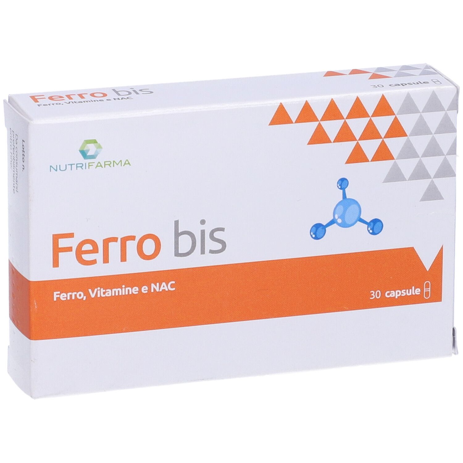 Scatola bianca con scritta "Ferro bis". Contiene 30 capsule. Logo Nutrifarma. Scritta: Ferro, Vitamine e NAC.
