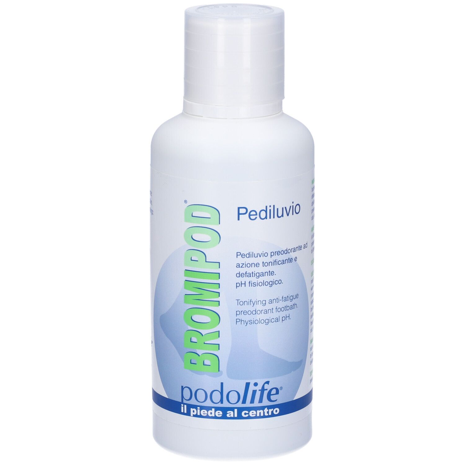 Flacone bianco con stampa del prodotto. Stampa: BROMIPOD, pediluvio, podolife. Nome del prodotto e caratteristiche.