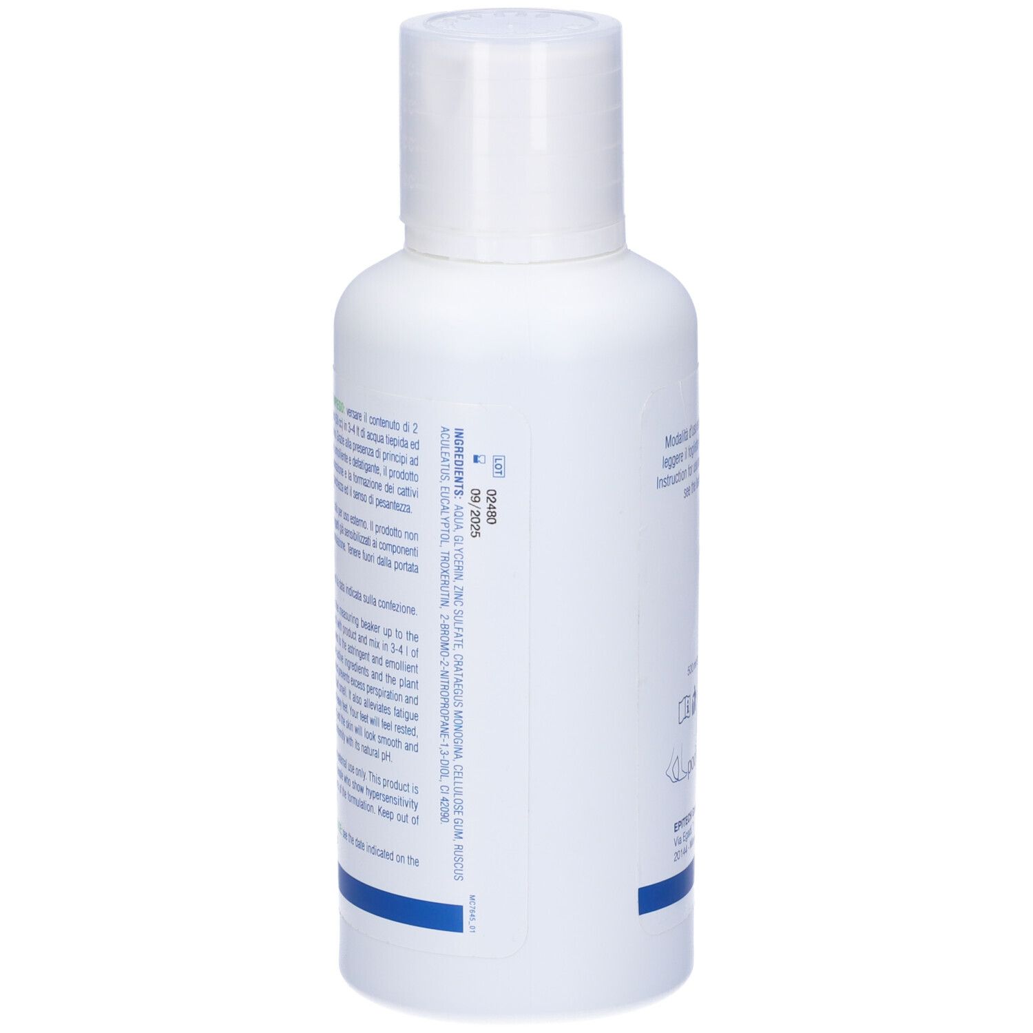 Flacone bianco con stampa del prodotto. Stampa: BROMIPOD, pediluvio, podolife. Nome del prodotto e caratteristiche.