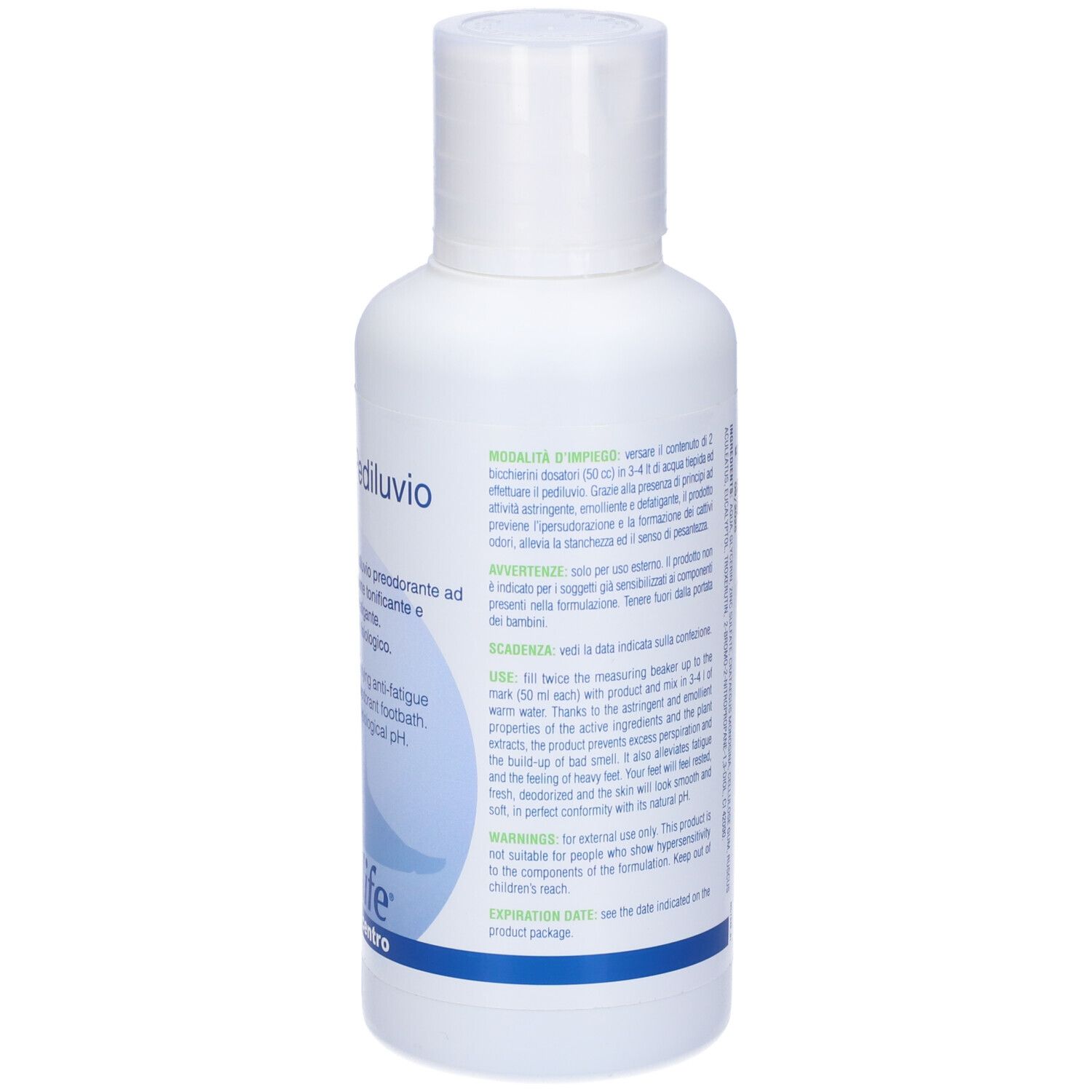 Flacone bianco con stampa del prodotto. Stampa: BROMIPOD, pediluvio, podolife. Nome del prodotto e caratteristiche.