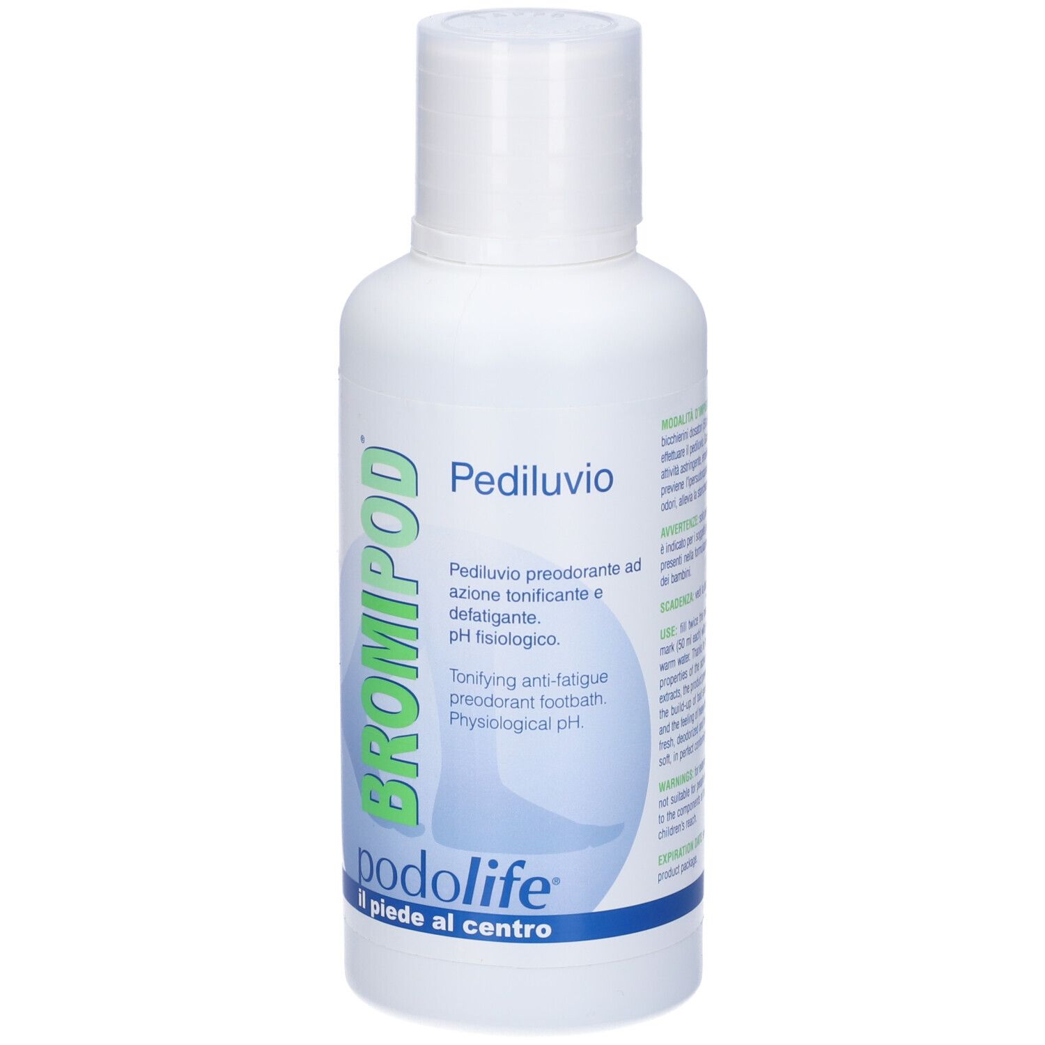 Flacone bianco con stampa del prodotto. Stampa: BROMIPOD, pediluvio, podolife. Nome del prodotto e caratteristiche.