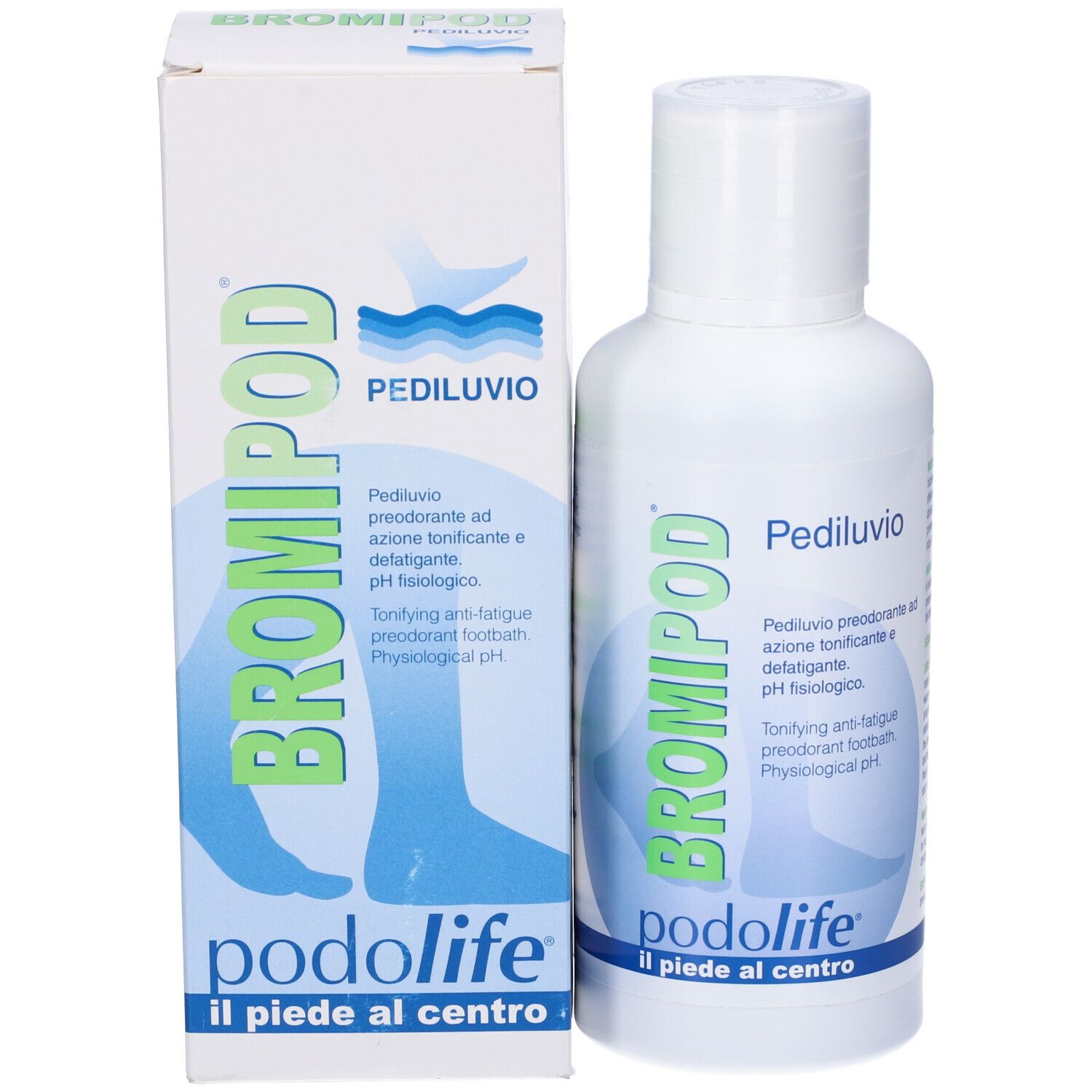 Flacone e scatola con stampa del prodotto. Stampa: BROMIPOD, pediluvio, podolife. Nome del prodotto e caratteristiche.