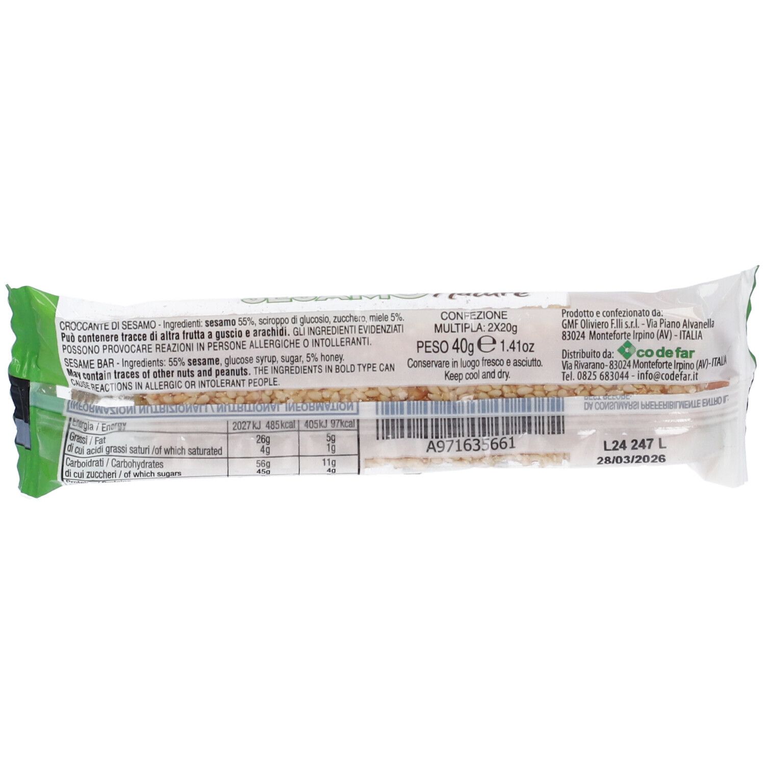 Retro della confezione della barretta Sesamo Nature. Contiene informazioni nutrizionali e dettagli del produttore. Da consumare preferibilmente entro il 28/03/2026.