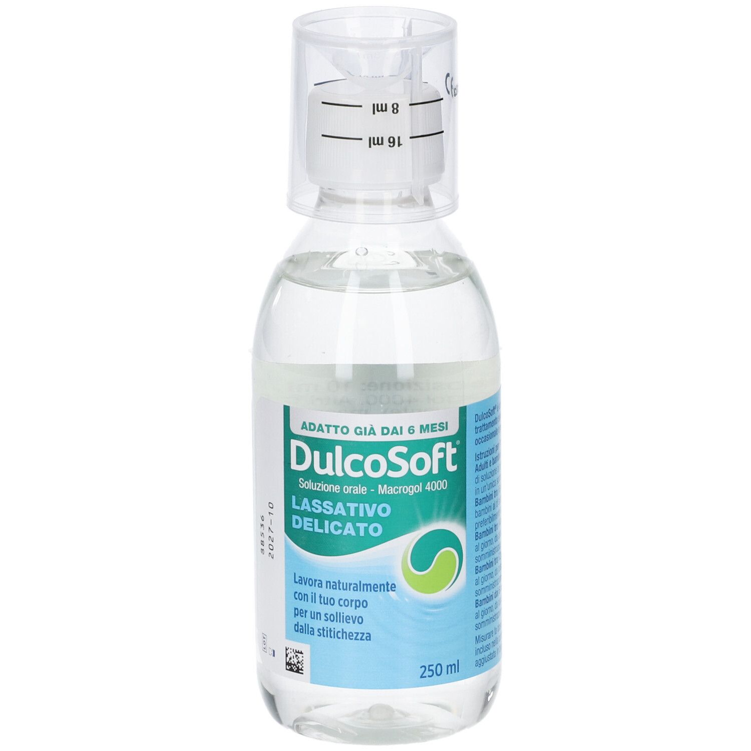 Flacone di DulcoSoft con misurino. Liquido trasparente. Scritta: DulcoSoft, Lassativo Delicato, 250 ml.