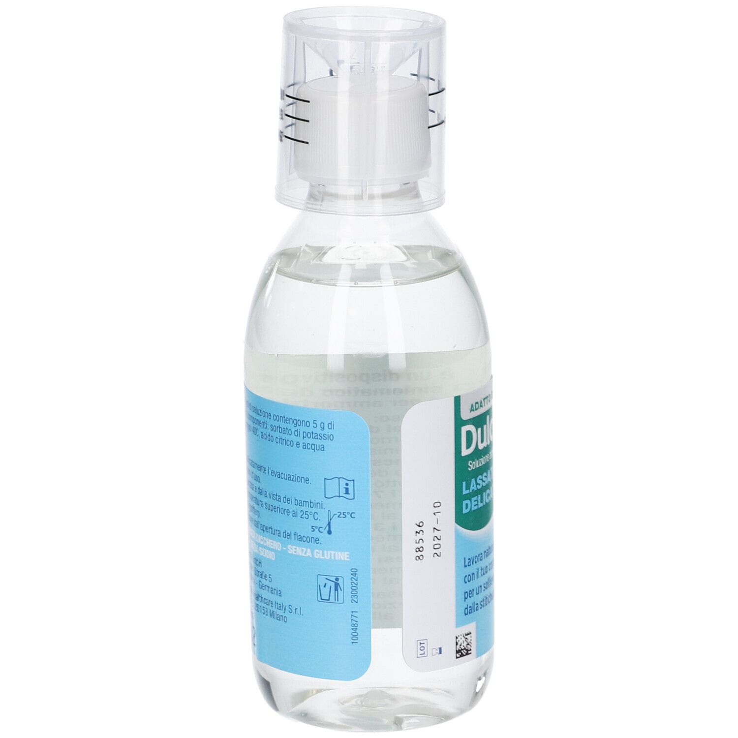 Flacone di DulcoSoft con misurino. Retro con testo. Scritta: DulcoSoft, Lassativo Delicato, 250 ml.