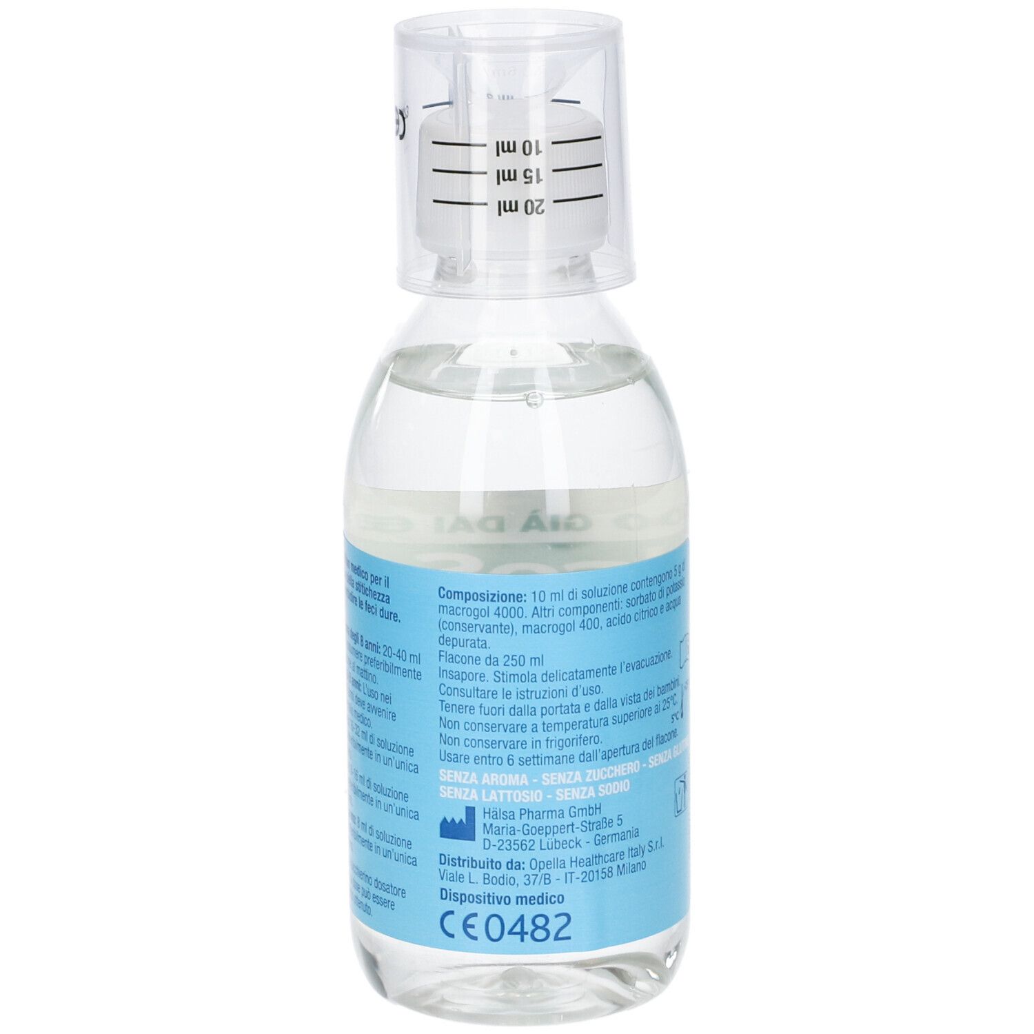 Flacone di DulcoSoft con misurino. Retro con testo. Scritta: DulcoSoft, Lassativo Delicato, 250 ml.