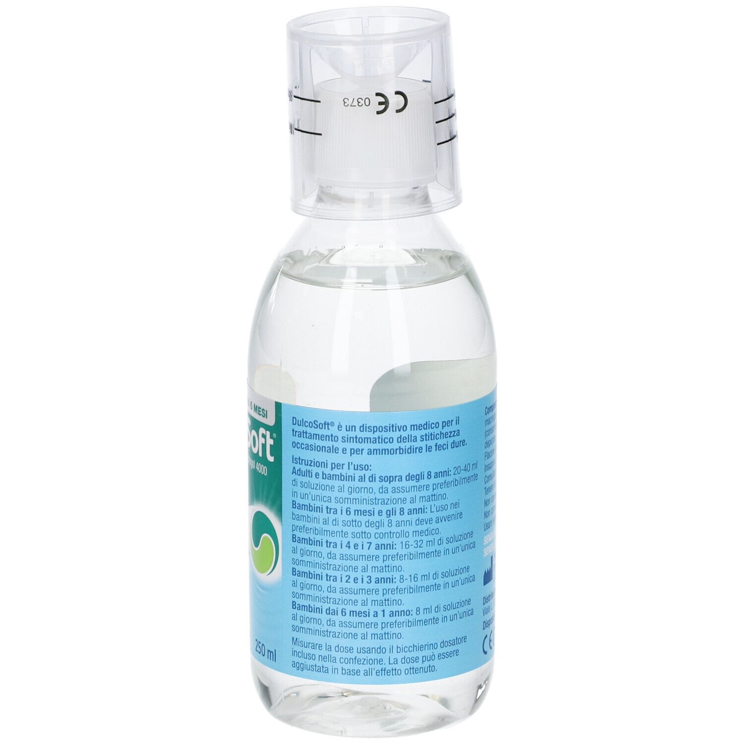 Flacone di DulcoSoft con misurino. Retro con testo. Scritta: DulcoSoft, Lassativo Delicato, 250 ml.